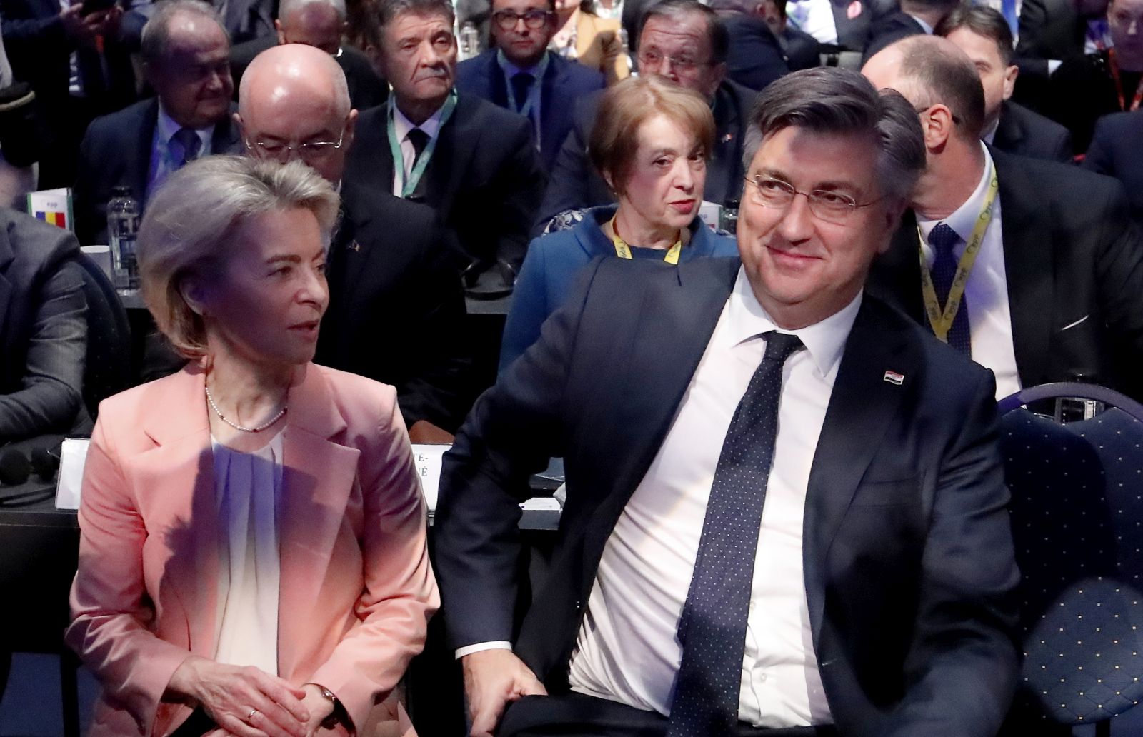 epa11201905 European Commission President Ursula von der Leyen (L) chats with Croatian Prime Minister Andrej Plenkovic (R) before the first plenary session of the European People's Party Congress in Bucharest, Romania, 06 March 2024. The European People's Party (EPP) party hold its Congress in Romania's capital on 06 and 07 March, to choose their candidates for the EU Parliament elections, and as well their nominees for the EU leadership. European Union parliamentary elections will take place from 06 until 09 June 2024.  EPA/ROBERT GHEMENT