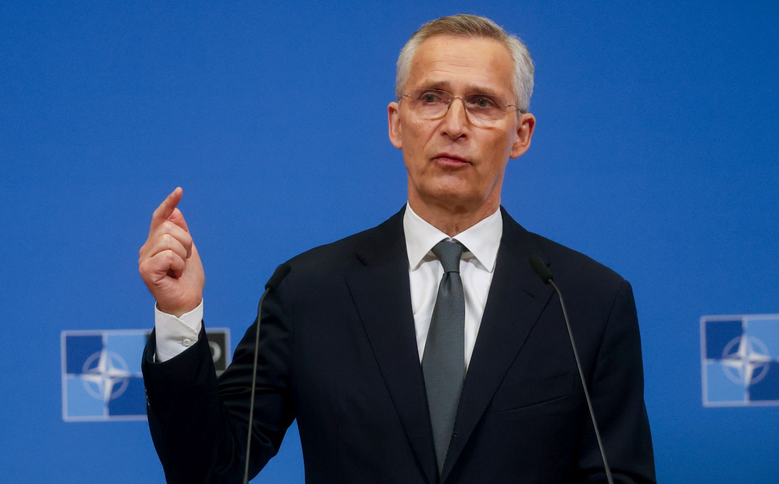 epa11219799 NATO Secretary General Jens Stoltenberg gestures during a press conference to present his annual report for 2023 at NATO headquarters in Brussels, Belgium, 14 March 2024.  EPA/OLIVIER HOSLET