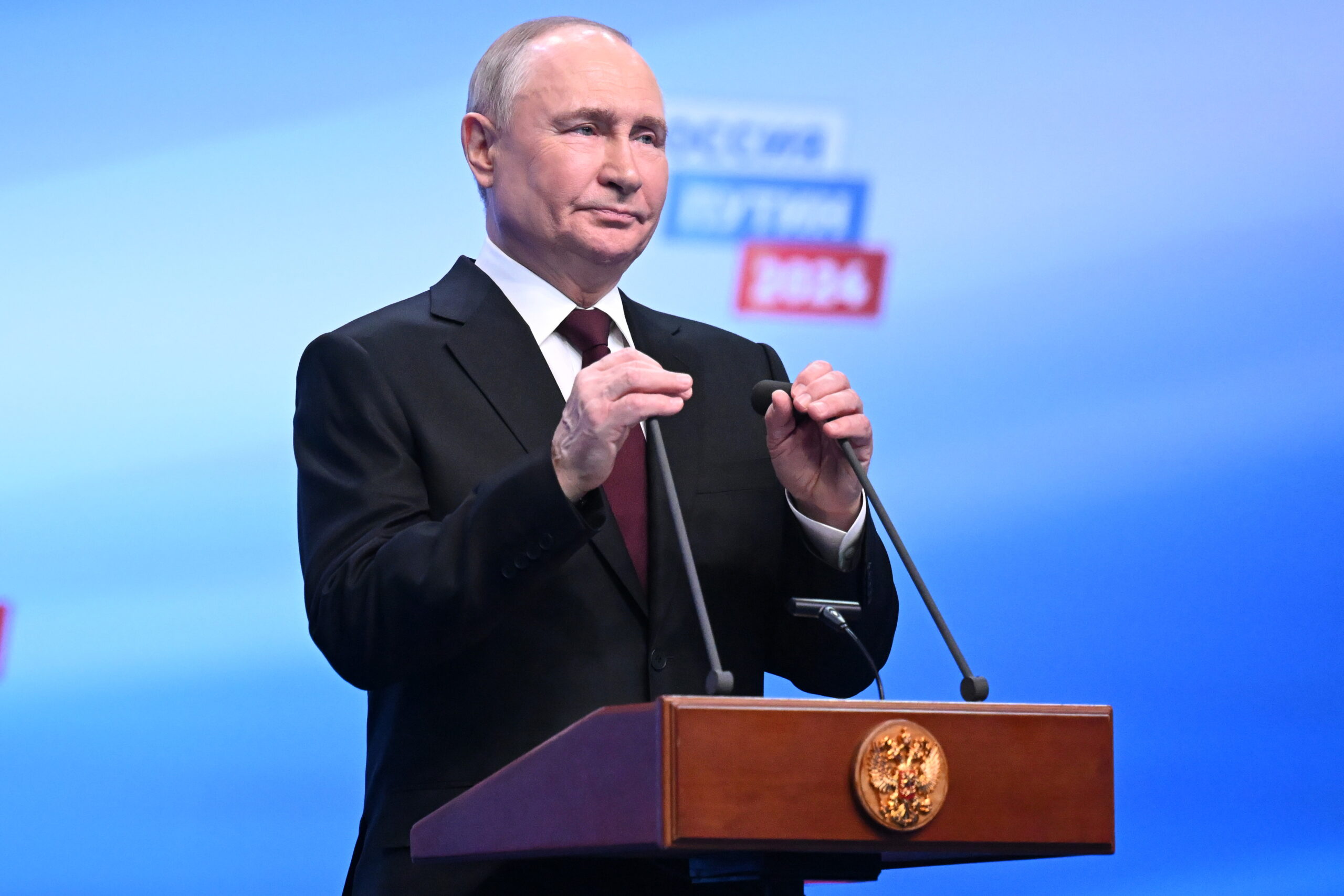 epa11226955 Russian President and presidential candidate Vladimir Putin meets with the media at his campaign headquarters in Moscow, Russia, 18 March 2024. Based on the results of processing more than 70 percent of the protocols, Vladimir Putin is the leader in the presidential elections of the Russian Federation with 87.16 percent of the votes, according to the CEC data.  EPA/NATALIA KOLESNIKOVA / POOL
