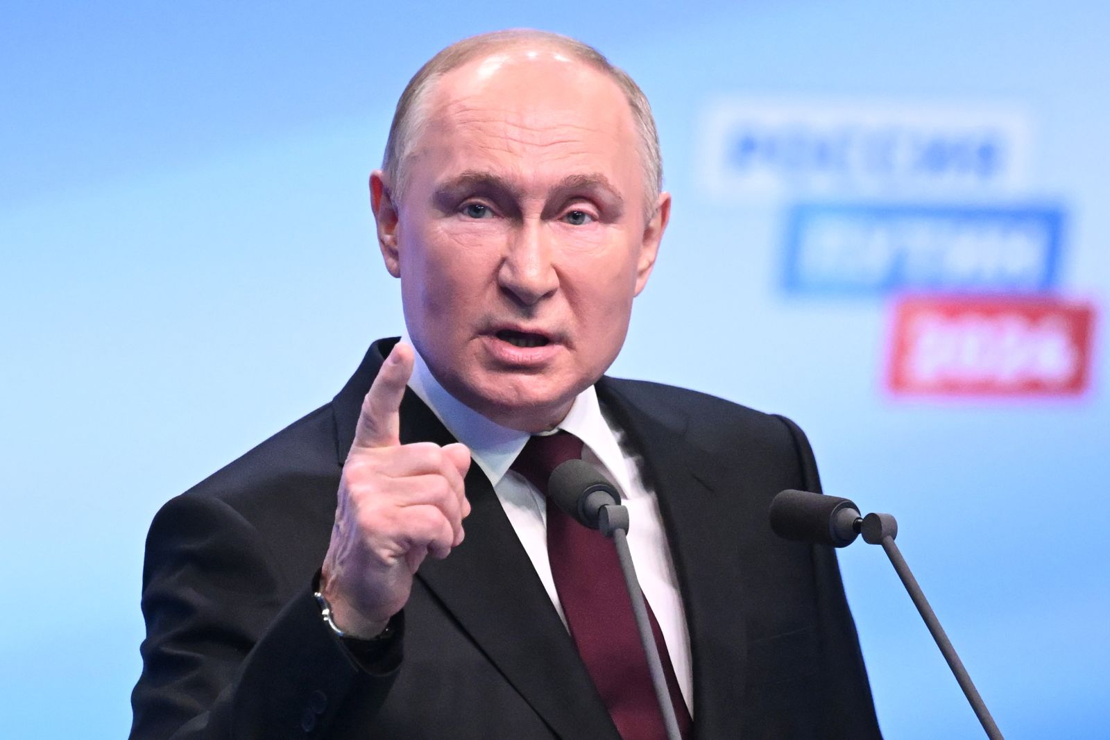 epa11226963 Russian President and presidential candidate Vladimir Putin meets with the media at his campaign headquarters in Moscow, Russia, 18 March 2024. Based on the results of processing more than 70 percent of the protocols, Vladimir Putin is the leader in the presidential elections of the Russian Federation with 87.16 percent of the votes, according to the CEC data.  EPA/NATALIA KOLESNIKOVA / POOL