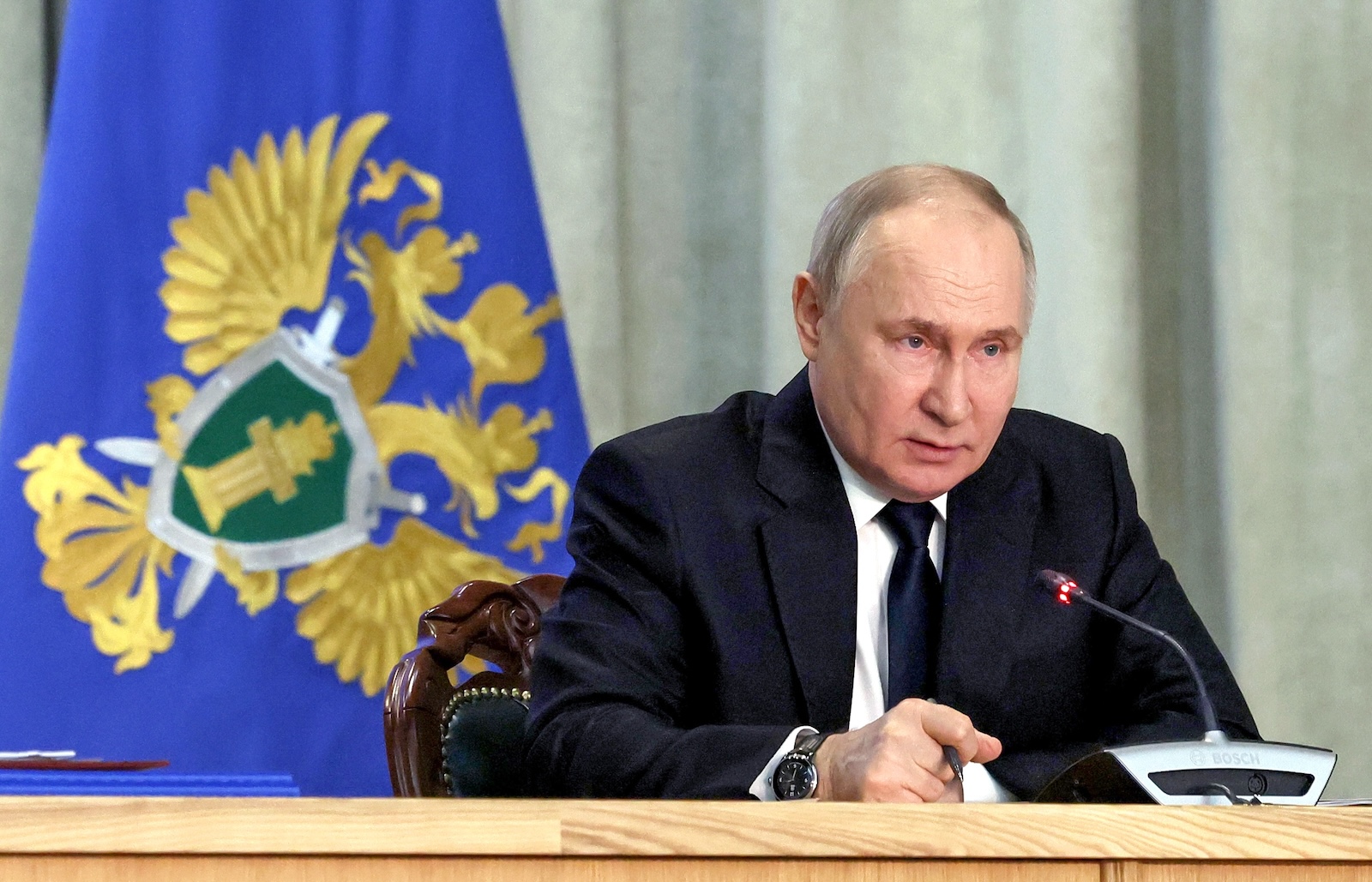 epa11244538 Russian President Vladimir Putin attends an expanded meeting of the Prosecutor General's Office board in Moscow, Russia, 26 March 2024. Vladimir Putin has asked prosecutors to tighten control over law observance in the area of migration, which, as he said, concerns millions of people.  EPA/VALERIY SHARIFULIN/SPUTNIK/KREMLIN POOL MANDATORY CREDIT