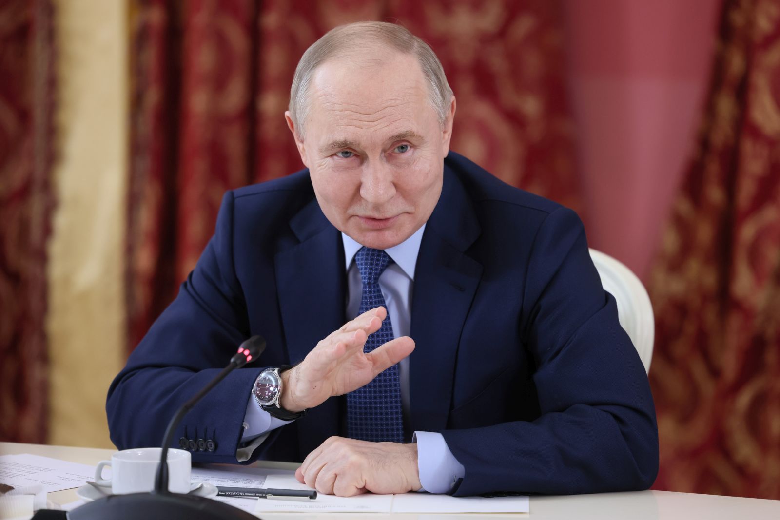 epa11247269 Russian President Vladimir Putin attends a meeting with culture professionals of the Tver region at the Hotel Pozharsky museum complex in Torzhok, Tver region, Russia, 27 March 2024. Putin's trip in the region marks the Day of Culture Workers, a professional holiday established in 2007, which is celebrated annually on 25 March in Russia.  EPA/MIKHAIL METZEL/SPUTNIK/KREMLIN POOL MANDATORY CREDIT