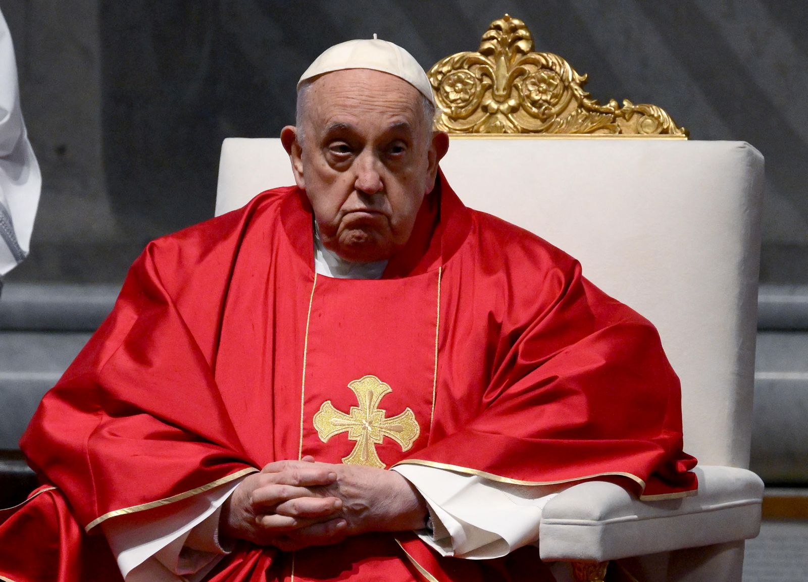 epa11249931 Pope Francis celebrates Good Friday Mass for the Passion of the Lord at St. Peter's Basilica in the Vatican, 29 March 2024.  EPA/ETTORE FERRARI
