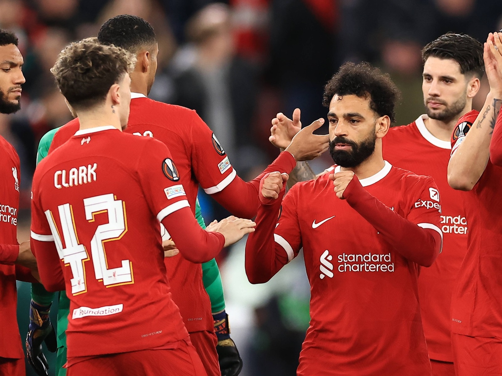 Liverpool FC v AC Sparta Prague Mohamed Salah of Liverpool and Bobby Clark of Liverpool prepare for kick off during the Liverpool FC v AC Sparta Prague Last 16, 2nd Leg UEFA Europa League match at Anfield, Liverpool, England, United Kingdom on 14 March 2024 Editorial use only. All images are copyright Every Second Media Limited. No images may be reproduced without prior permission. Copyright: x/EveryxSecondxMediax ESM-0951-0025,Image: 856887376, License: Rights-managed, Restrictions: Credit images as "Profimedia/ IMAGO", Model Release: no, Credit line: IMAGO / imago sportfotodienst / Profimedia