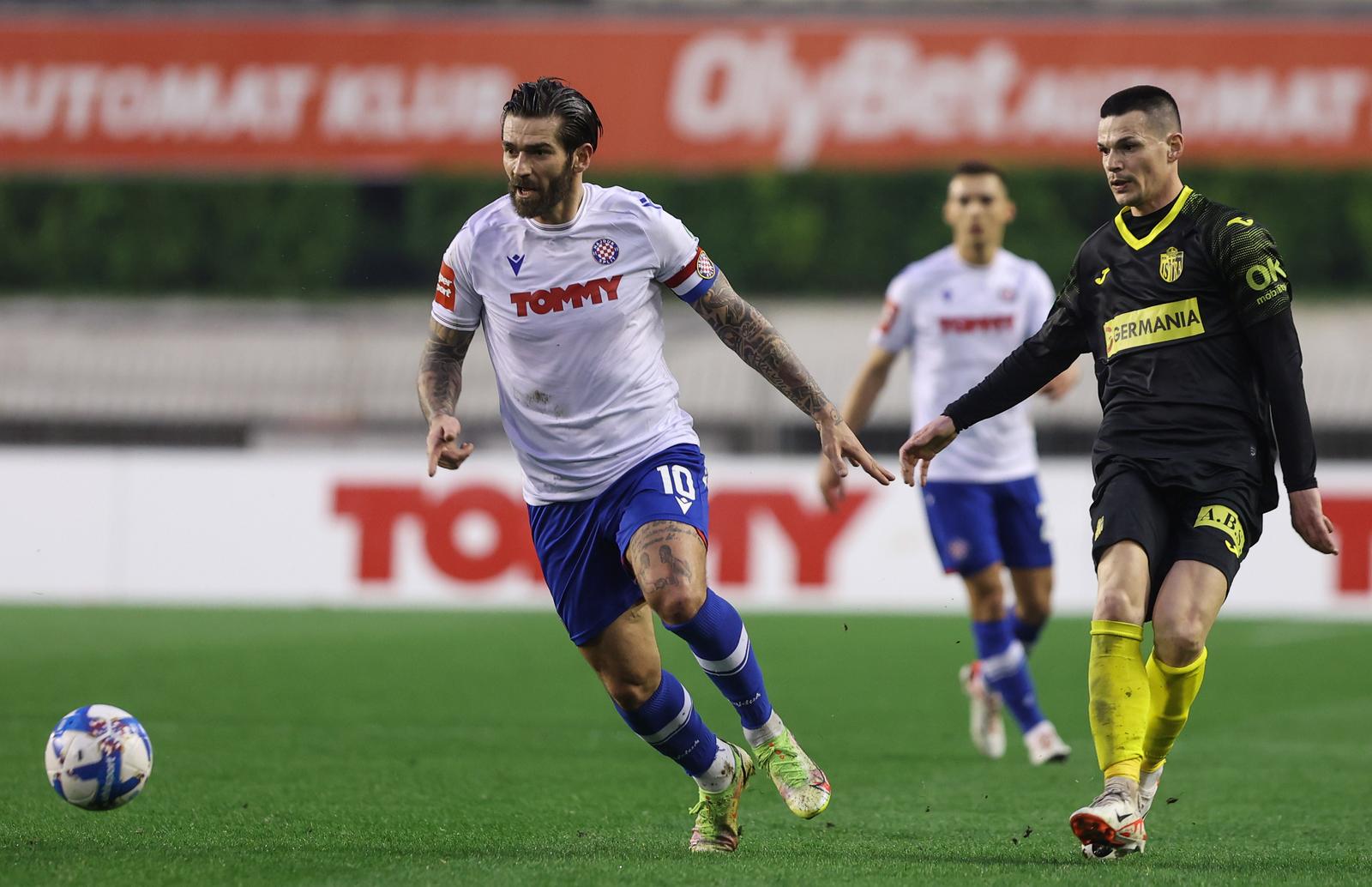 02.03.2024., stadion Poljud, Split - SuperSport HNL, 25. kolo, HNK Hajduk - NK Istra 1961. Marko Livaja, Ante Erceg Photo: Ivana Ivanovic/PIXSELL