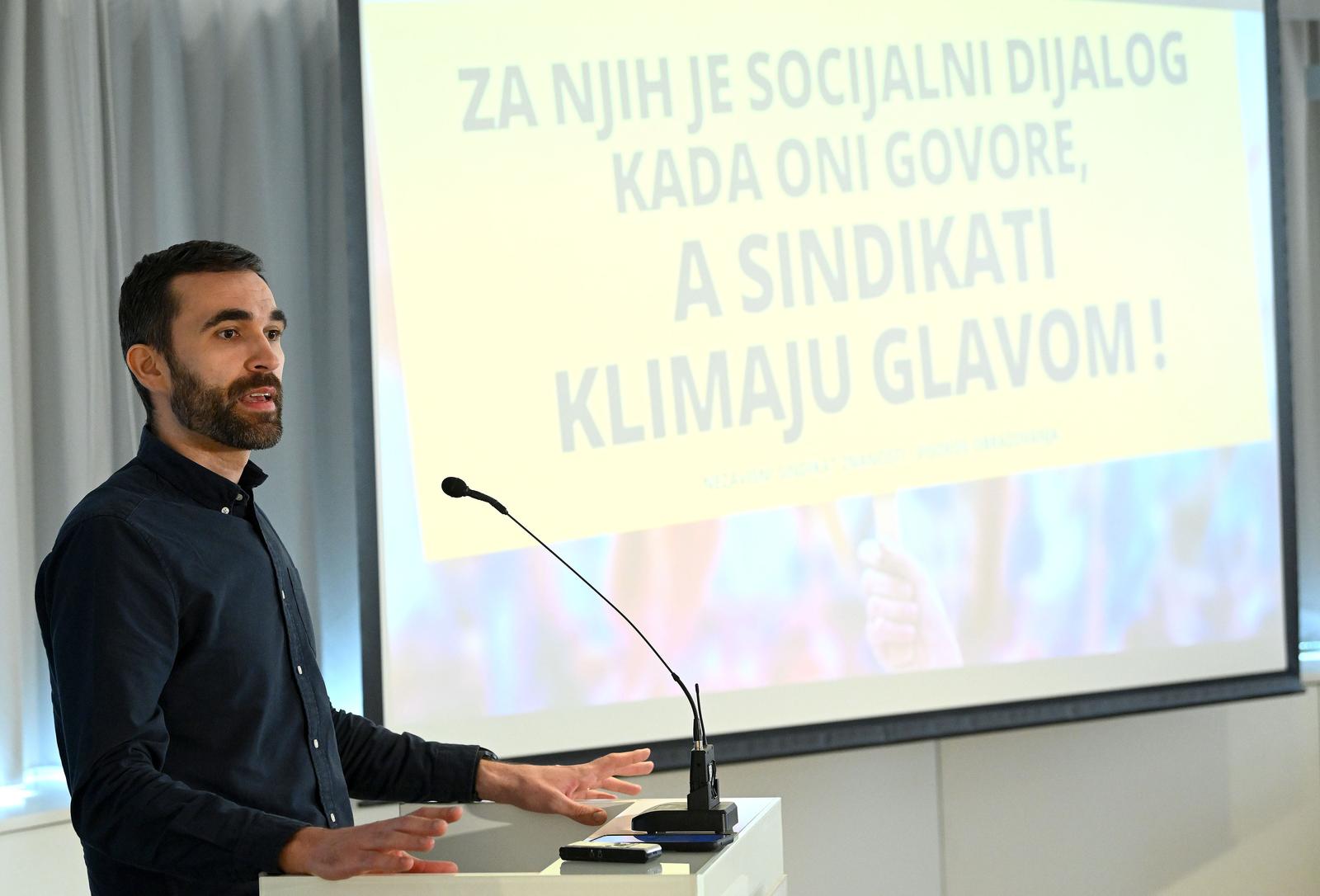 04.03.2024., Zagreb - Konferencija za novinare Nezavisnog sindikata znanosti i visokog obrazovanja govorili su predsjednik Velikog vijeca Predrag Markovic i glavni tajnik Matija Kroflin.  Photo: Marko Lukunic/PIXSELL