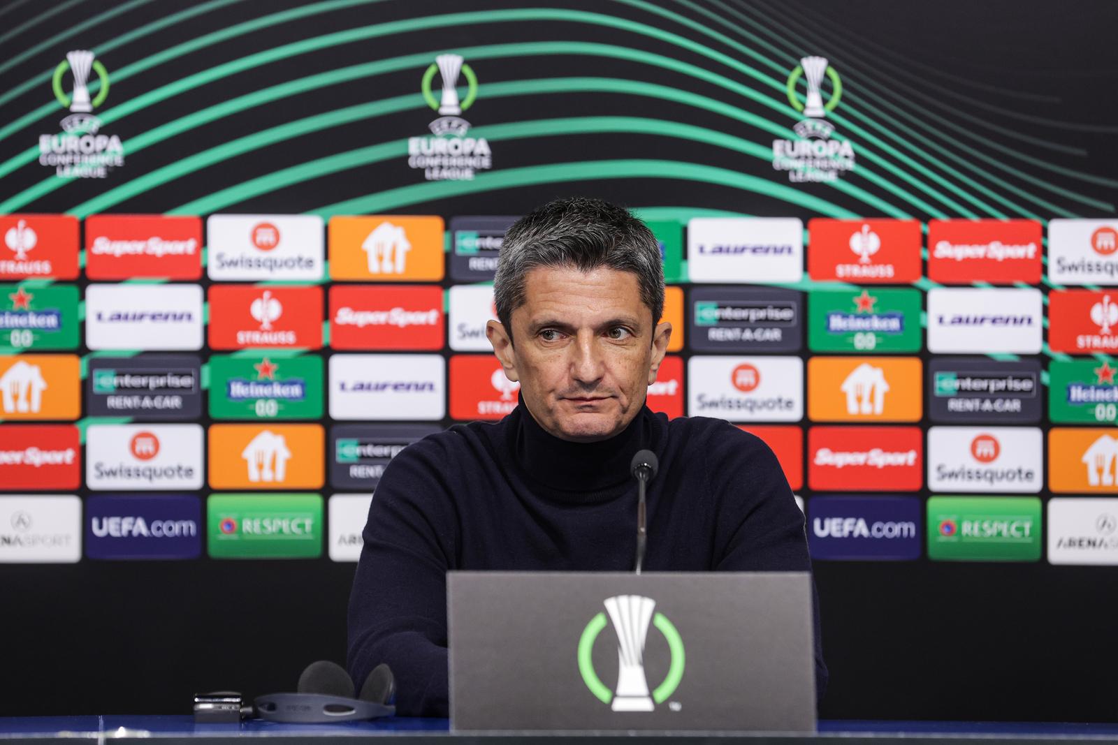 06.03.2024., stadion Maksimir, Zagreb - Konferencija za medije PAOK FC dan uoci utakmice osmine finala UEFA Konferencijske lige, GNK Dinamo - PAOK FC. Trener Razvan Lucescu i igrac Dominik Kotarski. Photo: Luka Stanzl/PIXSELL