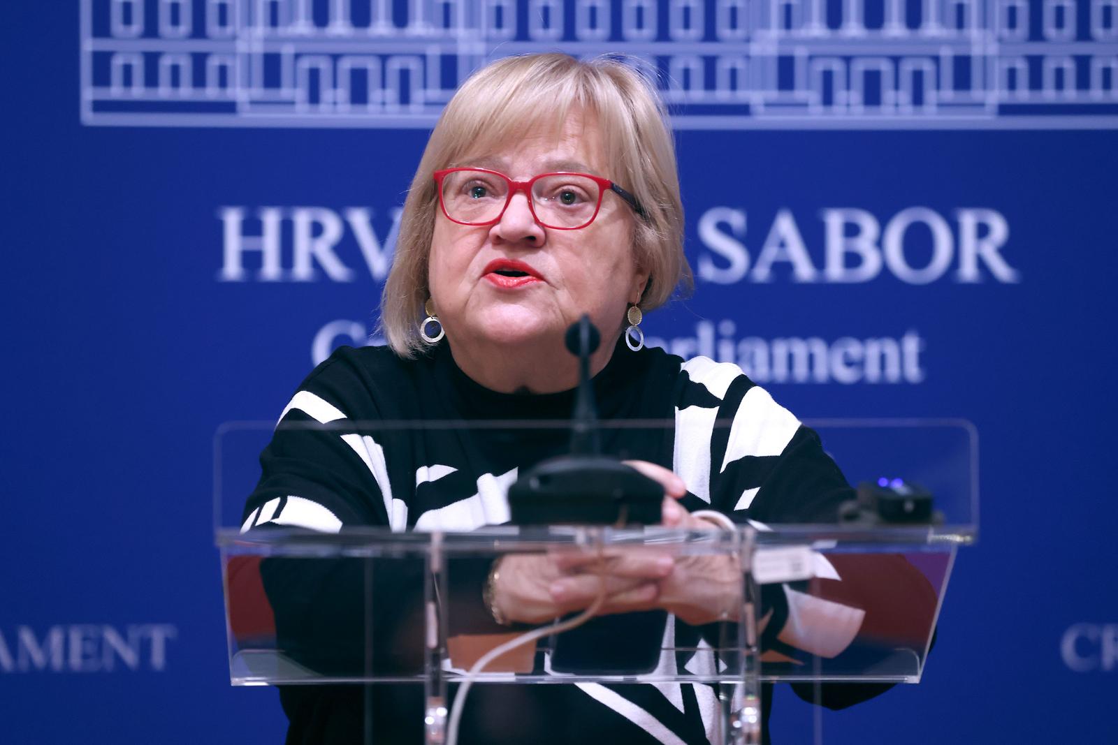 11.03.2024., Zagreb - Na konferenciji za medije odrzanoj u Saboru o temi  "Afera na Geodetskom fakultetu i uloga EPPO-a" govorila je Anka Mrak Taritas. Photo: Patrik Macek/PIXSELL