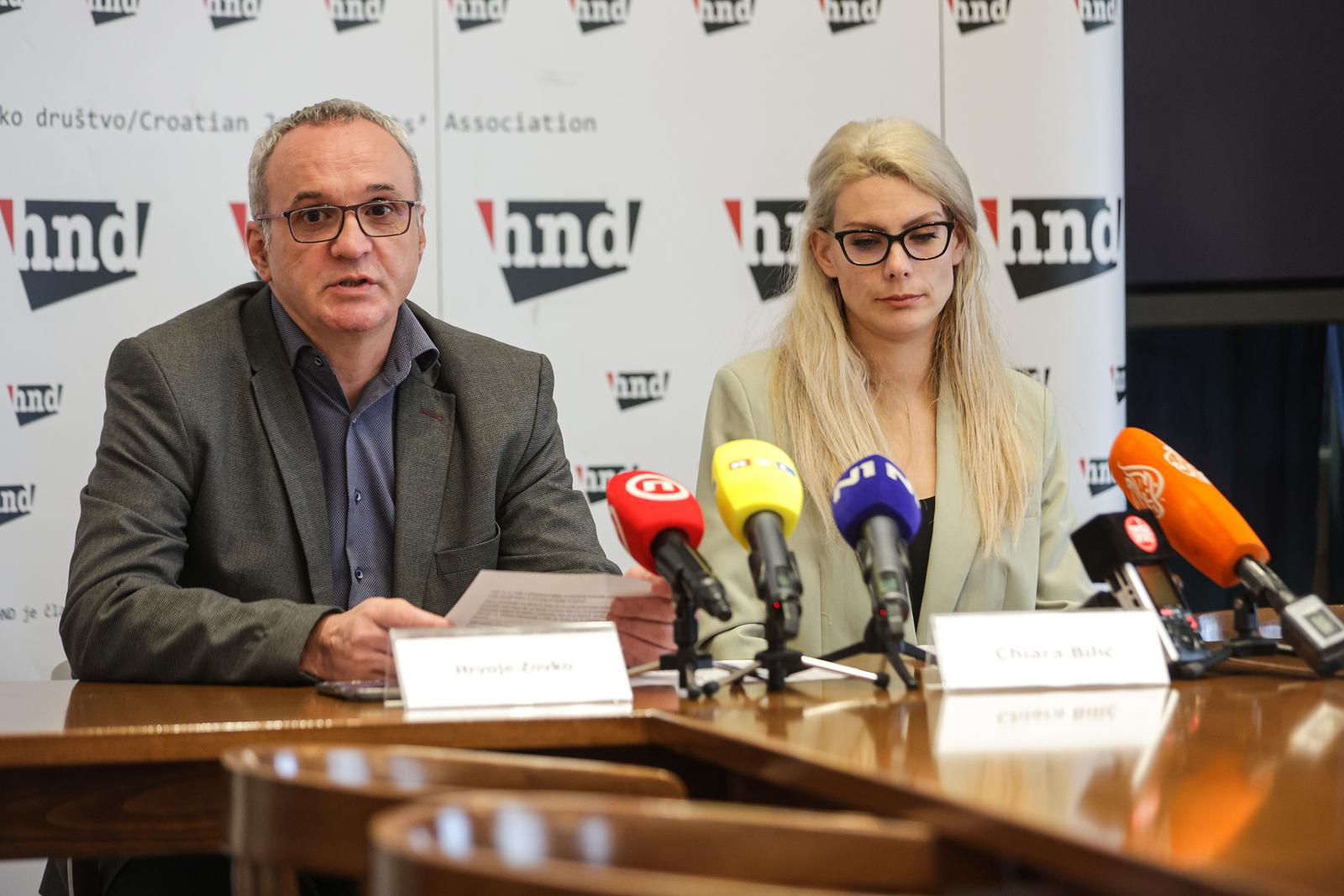 12.03.2024., Zagreb - Konferencija za novinare HND-a uoci glasovanja u Hrvatskome saboru o izmjenama Kaznenog zakona. HND je jos jedanput upozorio javnost na opasnosti od predlozenog Zakona opasnih namjera Lex AP. Na konferenciji su govorili predsjednik HND-a Hrvoje Zovko i potpredsjednica Chiara Bilic. Photo: Luka Stanzl/PIXSELL
