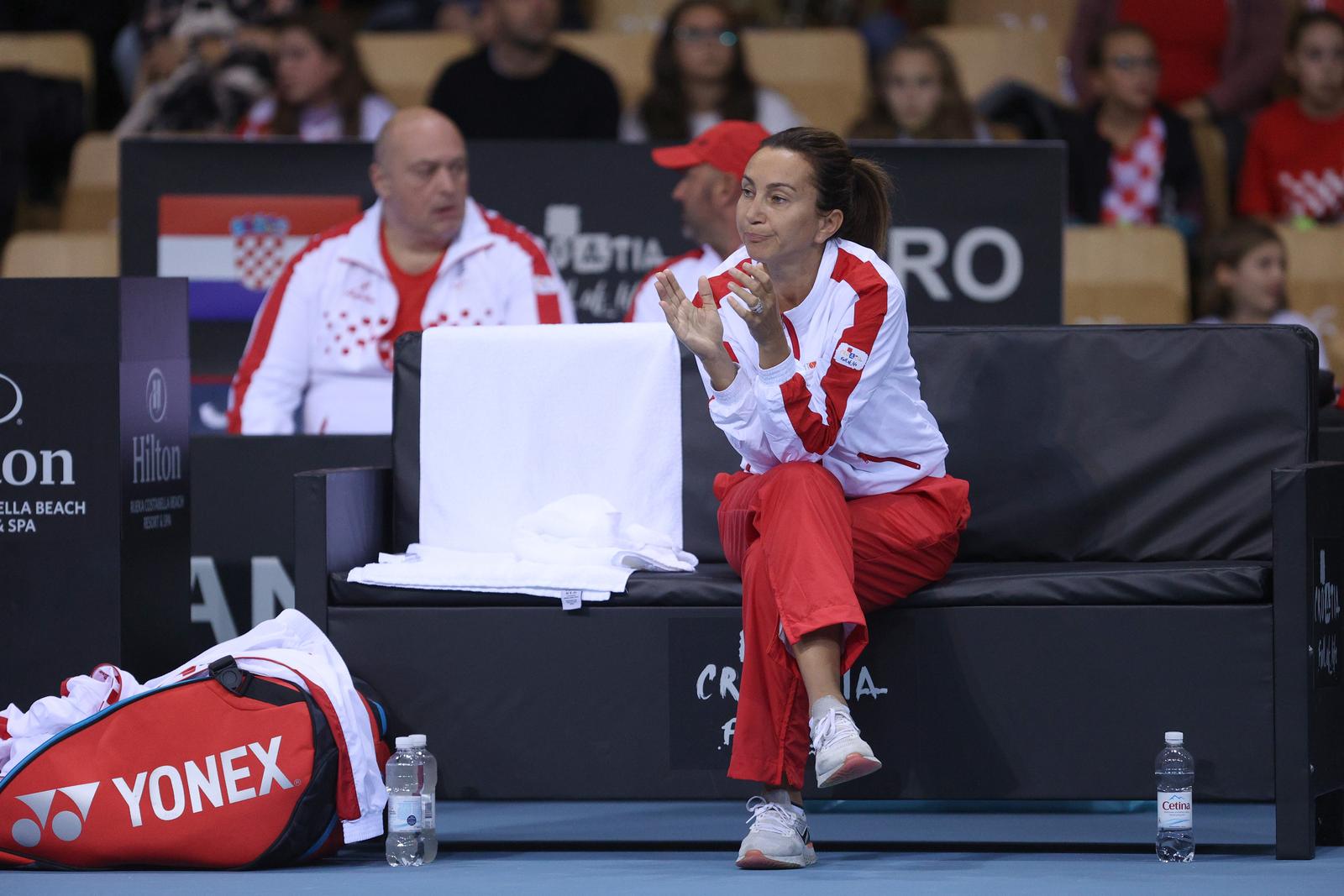 12.11.2022., dvorana Zamet, Rijeka - Billie Jean King Cup, doigravanje za plasman u najvisi rang, Hrvatska - Njemacka. Teniski mec izmedju Petre Marcinko i Anne Lene Friedsam. Izbornica Hrvatske Iva Majoli Photo: Nel Pavletic/PIXSELL