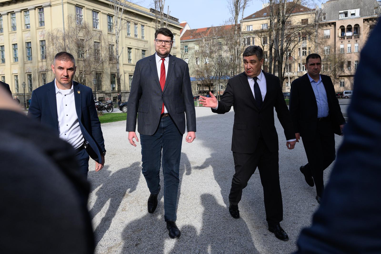 15.03.2024., Zagreb - Izvanredna konferencija za medije predsjednika SDP-a, Pedje Grbina ispred Hrvatskog drzavnog arhiva. Pedja Grbin, Zoran Milanovic.
 Photo: Davor Puklavec/PIXSELL