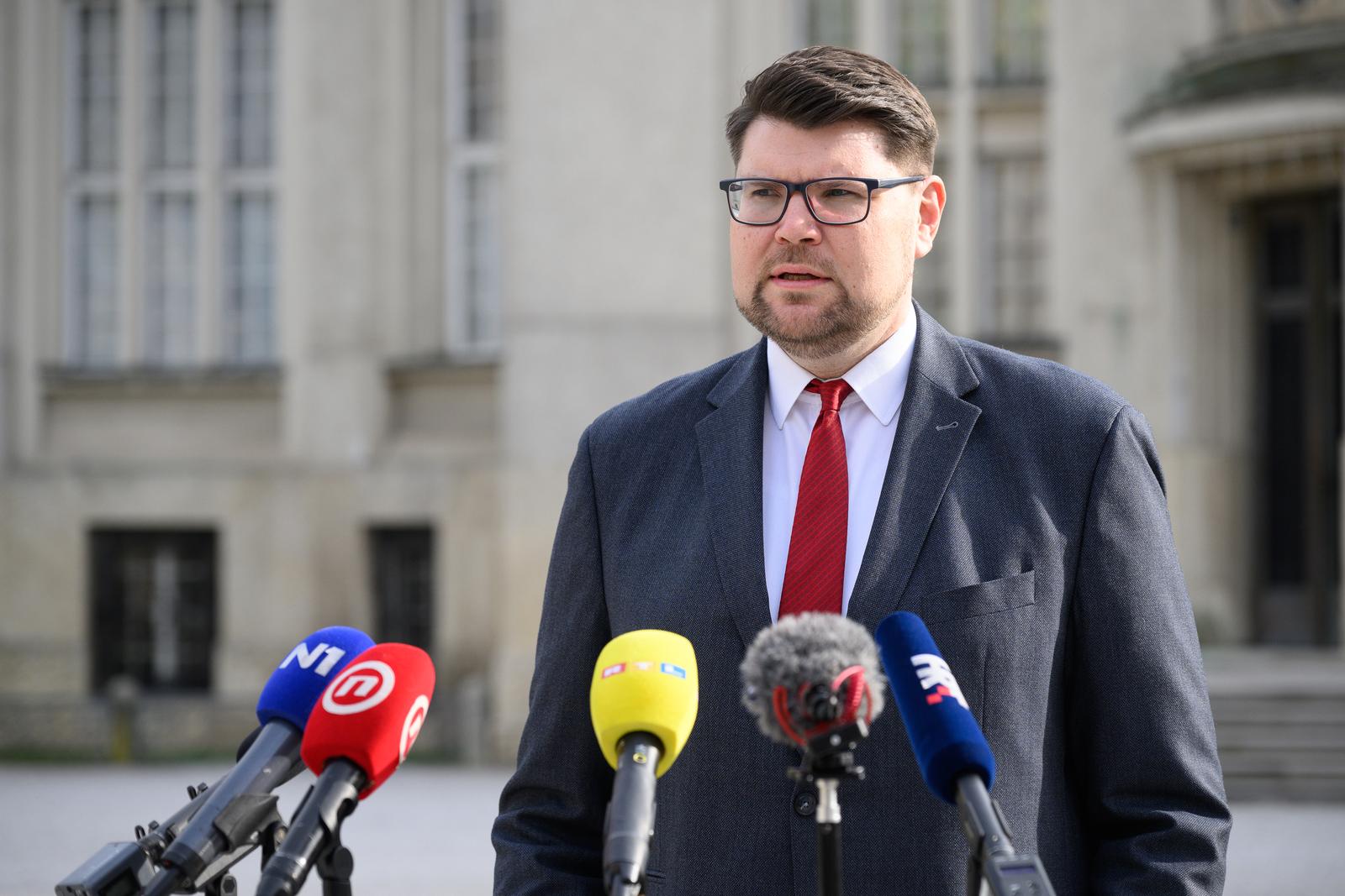 15.03.2024., Zagreb - Izvanredna konferencija za medije predsjednika SDP-a, Pedje Grbina ispred Hrvatskog drzavnog arhiva. Pedja Grbin.
 Photo: Davor Puklavec/PIXSELL