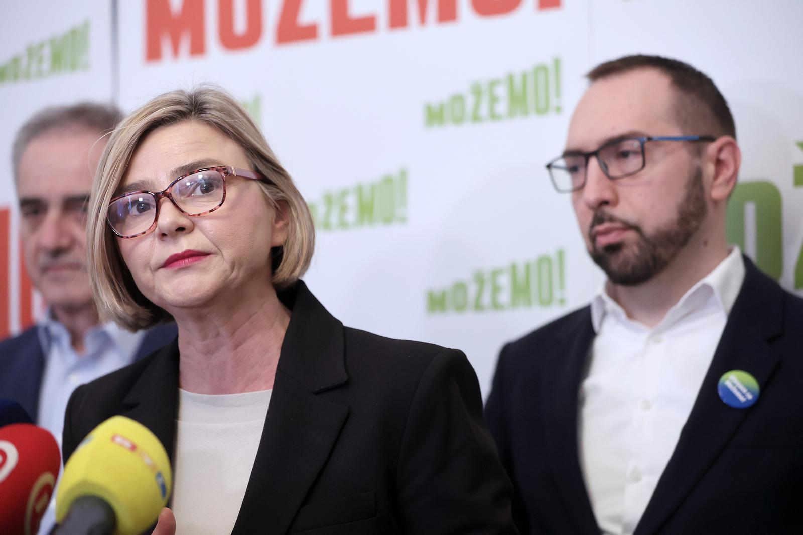 17.03.2024., Zagreb - Prostorije stranke Mozemo!. Konferencija za medije stranke Mozemo! na kojoj su koordinatori stranke Sandra Bencic i Tomislav Tomasevic predstavili poteze i mjere koje su poduzeli tijekom svoga mandata. Photo: Sanjin Strukic/PIXSELL