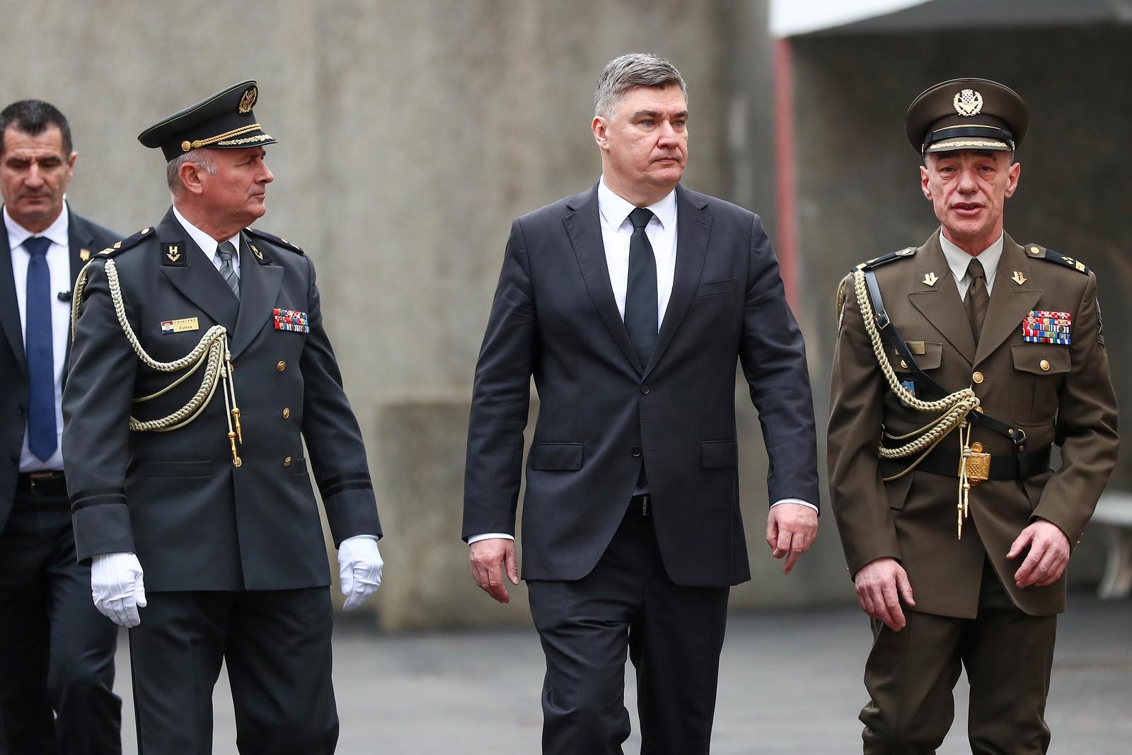 23.02.2024.,  Zagreb - Obiljezavanje 30. obljetnice ustrojavanja 1. hrvatskog gardijskog zbora, Dana Pocasno-zastitne bojne i Dana vojne kapelanije "Sveti Valentin" u vojarni "1. hrvatski gardijski zbor" na Tuskancu. Predsjednik RH Zoran Milanovic Photo: Matija Habljak/PIXSELL