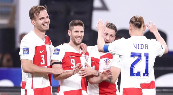 26.03.2024., stadion New Administrative Capital, Kairo, Egipat - Finale prijateljskog turnira ACUD Cupa, Egipat - Hrvatska. Slavlje nogometasa Hrvatske nakon pogotka Andreja Kramarica za vodstvo 3:1. Marin Pongracic, Andrej Kramaric, Marco Pasalic, Domagoj Vida Photo: Matija Habljak/PIXSELL