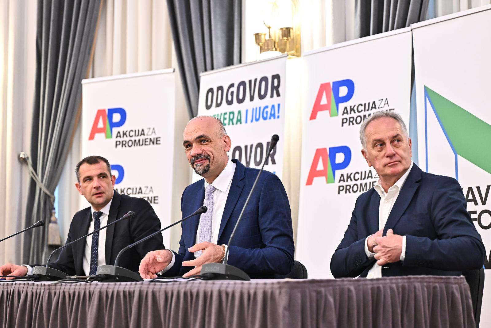 28.3.2024., Zagreb - Na tiskovnoj konferenciji Akcija za promjene predstavljena je koalicija s Agrarnom strankom te deklaracija o predizbornoj i postizbornoj suradnji s Nezavisnom Platformom Sjever pod nazivom "Odgovor sjevera i juga". Na tiskovnoj konferenciji sudjelovali su uz mnogobrojne goste, prijatelje i clanove dr.sc. Marko Jelic (AP), Matija Posavec (NPS) te Robert Hadzic (AS). Photo: Neva Zganec/PIXSELL
