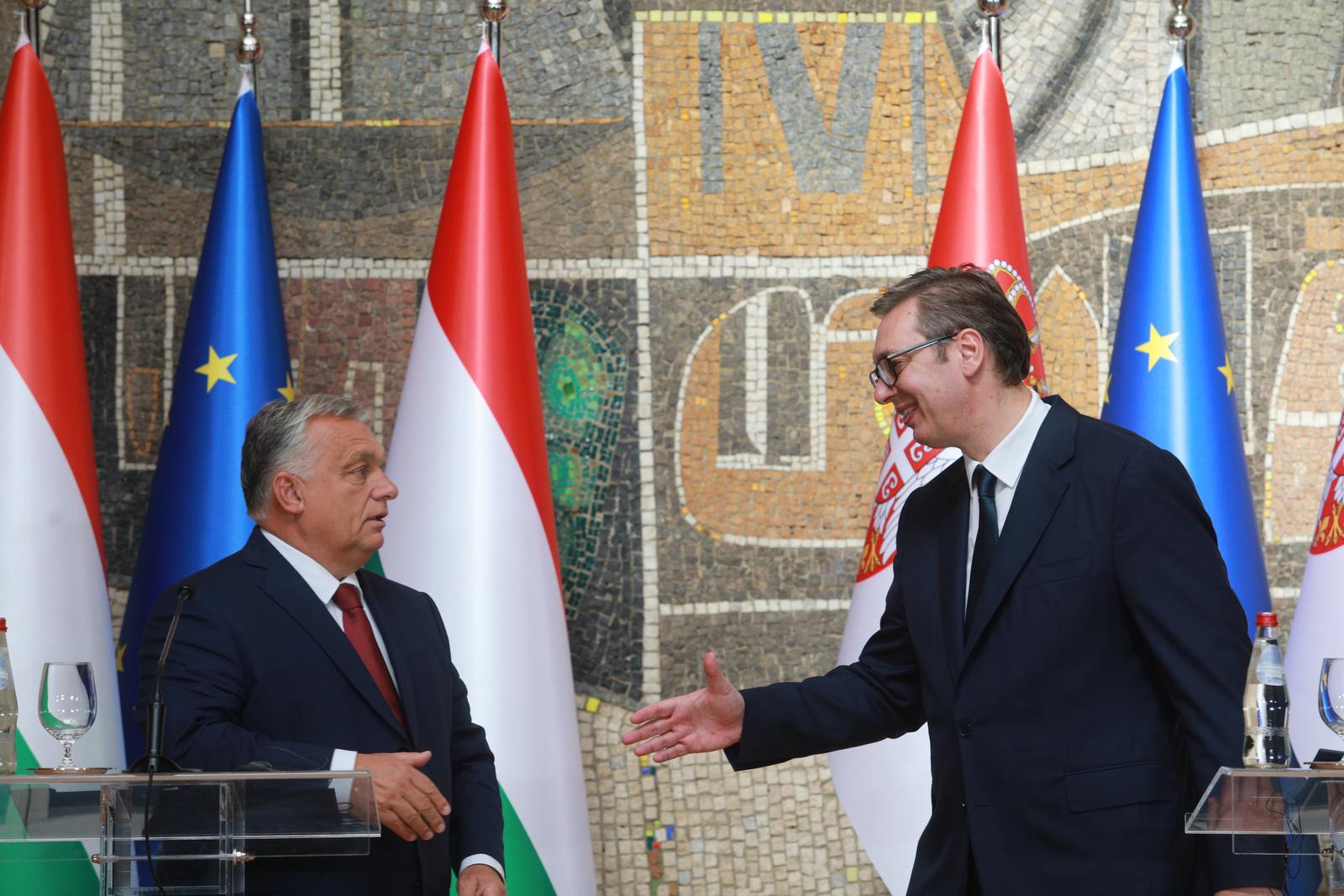29, September, 2023, Belgrade - After the meeting as part of the initiative to establish the strategic security of the region in the field of energy, water supply, food industry and human resources, the President of the Republic of Serbia, Aleksandar Vucic, and the Prime Minister of Hungary, Viktor Orban, addressed the media at the Palace of Serbia. Viktor Orban, Aleksandar Vucic. Photo: Milos Tesic/ATAImages

29, septembar, 2023, Beograd - Nakon sastanka u okviru inicijative za uspostavljanje strateske bezbednosti regiona u oblasti energetike, vodosnabdevanja, prehrambene industrije i ljudskih resursa, predsednik Republike Srbije Aleksandar Vucic i predsednik Vlade Madjarske Viktor Orban obratili su se medijima u Palati Srbija. Photo: Milos Tesic/ATAImages Photo: Milos Tesic/PIXSELL