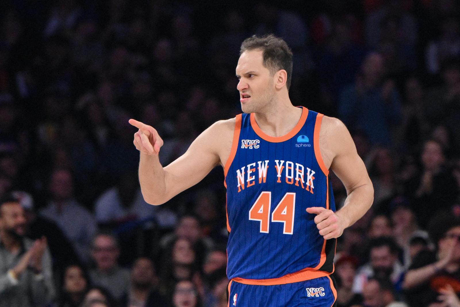 Feb 10, 2024; New York, New York, USA; New York Knicks forward Bojan Bogdanovic (44) reacts during the first quarter against the Indiana Pacers at Madison Square Garden. Mandatory Credit: John Jones-USA TODAY Sports Photo: John Jones/REUTERS