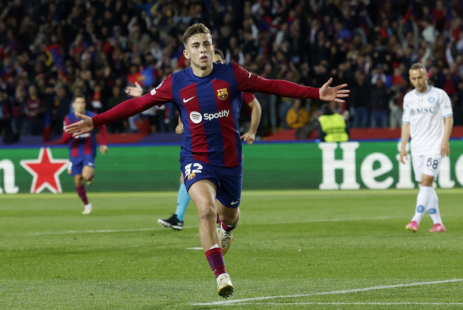 Soccer Football - Champions League - Round of 16 - Second Leg - FC Barcelona v Napoli - Estadi Olimpic Lluis Companys, Barcelona, Spain - March 12, 2024 FC Barcelona's Fermin Lopez celebrates scoring their first goal REUTERS/Albert Gea Photo: ALBERT GEA/REUTERS