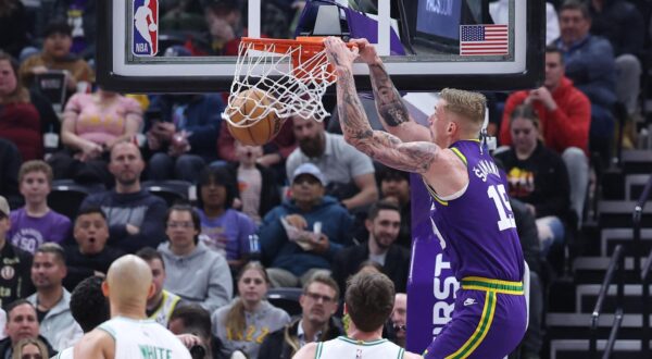 Mar 12, 2024; Salt Lake City, Utah, USA; Utah Jazz forward Luka Samanic (19) dunks the ball against the Boston Celtics during the first quarter at Delta Center. Mandatory Credit: Rob Gray-USA TODAY Sports Photo: Rob Gray/REUTERS