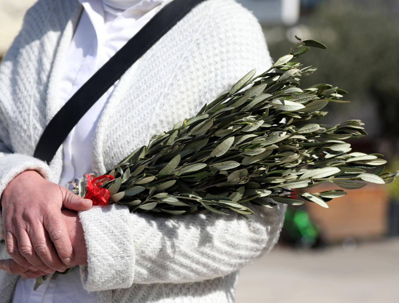 02.04.2023., Sibenik - Na blagdan Cvjetnice ili Cvjetne nedjelje mons. Tomislav Rogic, biskup sibenski blagoslovio je maslinove grancice svojim sugradjanima.  Photo: Dusko Jaramaz/PIXSELL