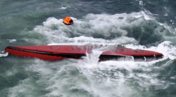 Photo taken on March 20, 2024, from a Kyodo News helicopter shows a capsized South Korean chemical tanker off the western Japan city of Shimonoseki, Yamaguchi Prefecture. The incident involving the 870-ton Keoyoung Sun occurred earlier in the day, leaving five of 11 crew on board missing, while the conditions of the six who were rescued remain unknown.,Image: 858180928, License: Rights-managed, Restrictions: , Model Release: no, Credit line: Kyodo/Newscom / Newscom / Profimedia