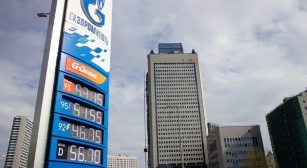 April 17, 2023, Moscow, Russia: A Gazprom Neft filling station is seen next to the Gazprom Headquarters building in Moscow. A subsidiary of Gazprom, Gazprom Neft is the third largest oil producer in Russia. According to Russian media reports, employees of Russian state oil and gas-producing corporations were informally prohibited from traveling abroad in December 2022. Recent reports indicate that rules on foreign travel for the above-mentioned employees were recently laxed to include 14 friendly countries including China, Turkey, India, Qatar, Serbia, Morocco, Sri Lanka, United Arab Emirates, and the CIS states.,Image: 770101350, License: Rights-managed, Restrictions: , Model Release: no, Credit line: Vlad Karkov / Zuma Press / Profimedia