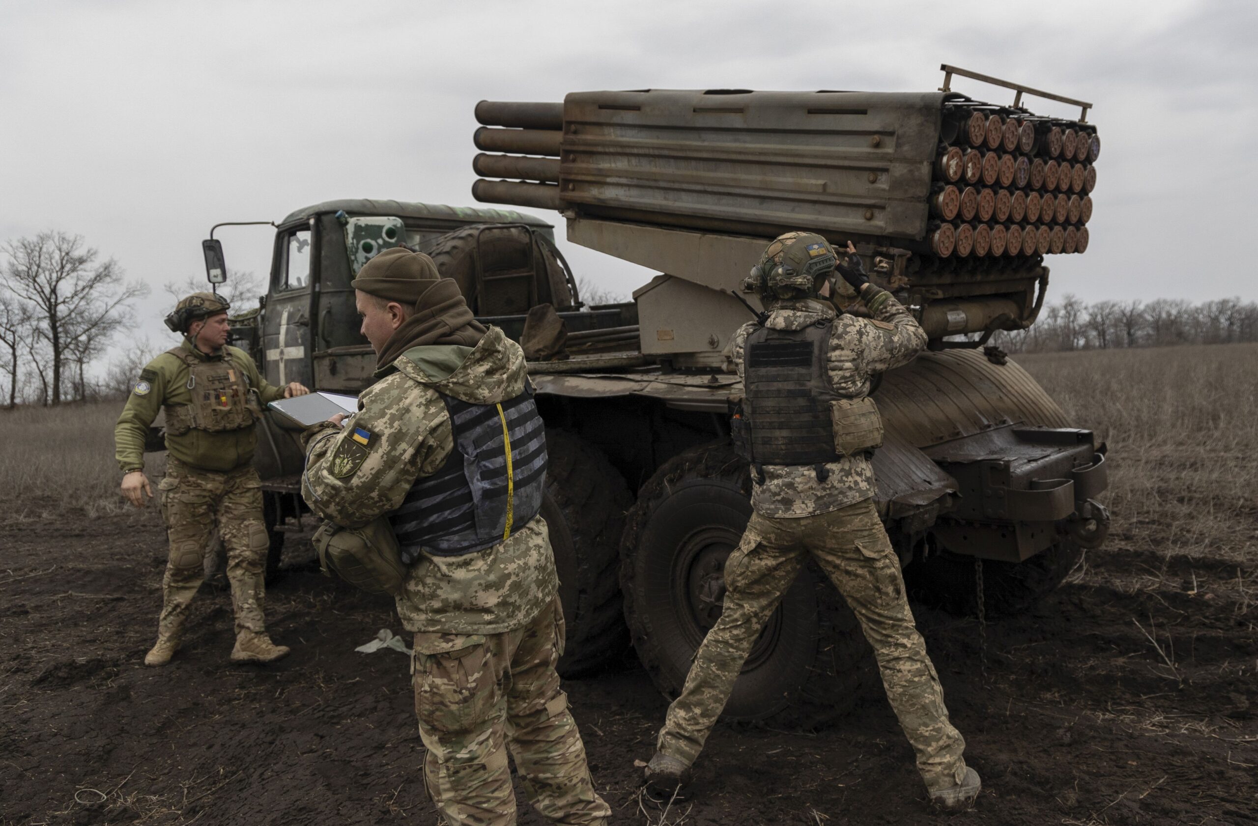 epa11220370 Artillerymen of the 80th Separate Galician Air Assault Brigade of the Armed Forces of Ukraine operate a BM-21 'Grad' self-propelled 122 mm multiple rocket launcher near the frontline in Donetsk area, Ukraine, 14 March 2924 amid the Russian invasion. Russian troops entered Ukraine in February 2022 starting a conflict that has provoked destruction and a humanitarian crisis.  EPA/YAKIV LIASHENKO