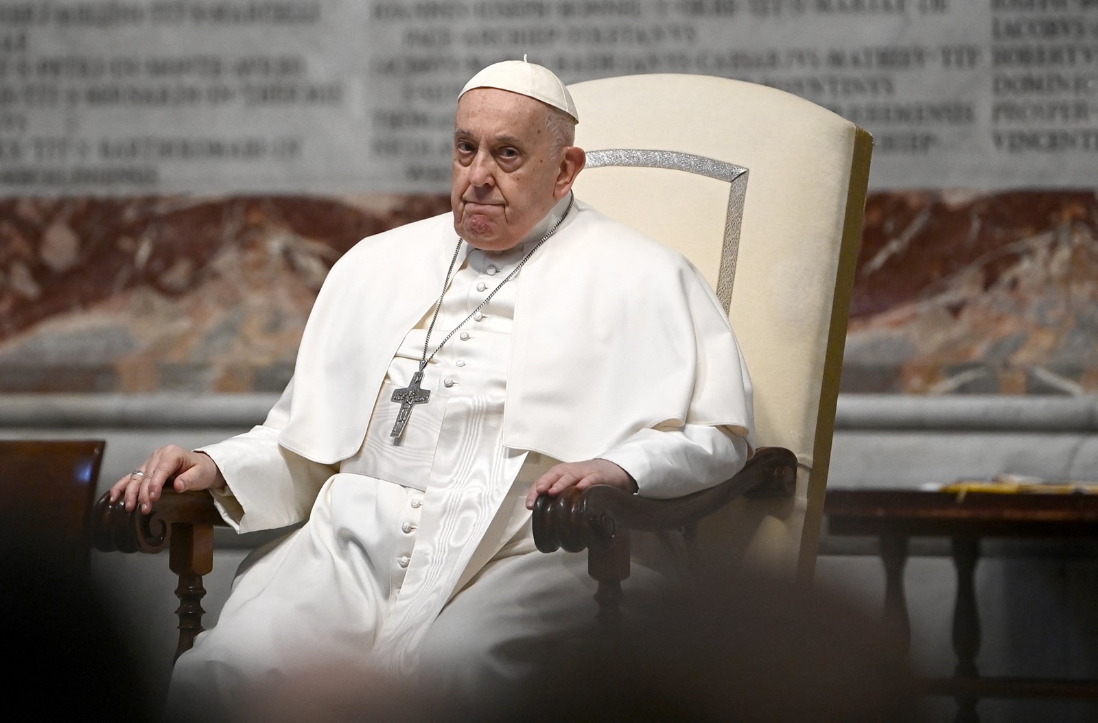 Pope Francis (R) presides over a Mass for the episcopal ordination of Italian Archbishop Vincenzo Turturro (lying down on the left) in St. Peter's Basilica at the Vatican on March 9, 2024.,Image: 855168331, License: Rights-managed, Restrictions: , Model Release: no, Credit line: Isabella BONOTTO / AFP / Profimedia
