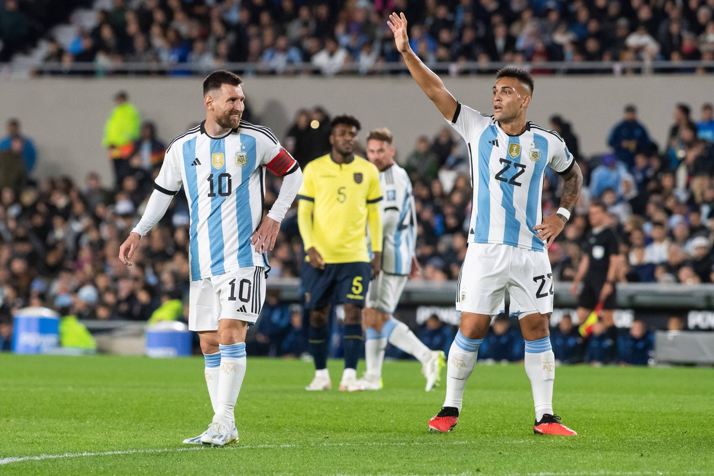 (L-R) Lionel Messi and Lautaro Martinez of Argentina seen during a match between Argentina and Ecuador as part of FIFA World Cup 2026 Qualifiers at Estadio Mas Monumental Antonio Vespucio Liberti. Final Score: Argentina 1:0 Ecuador - Manuel Cortina / SOPA Images//SOPAIMAGES_1.222/Credit:SOPA Images/SIPA/2309081319,Image: 803745627, License: Rights-managed, Restrictions: , Model Release: no, Credit line: SOPA Images / Sipa Press / Profimedia