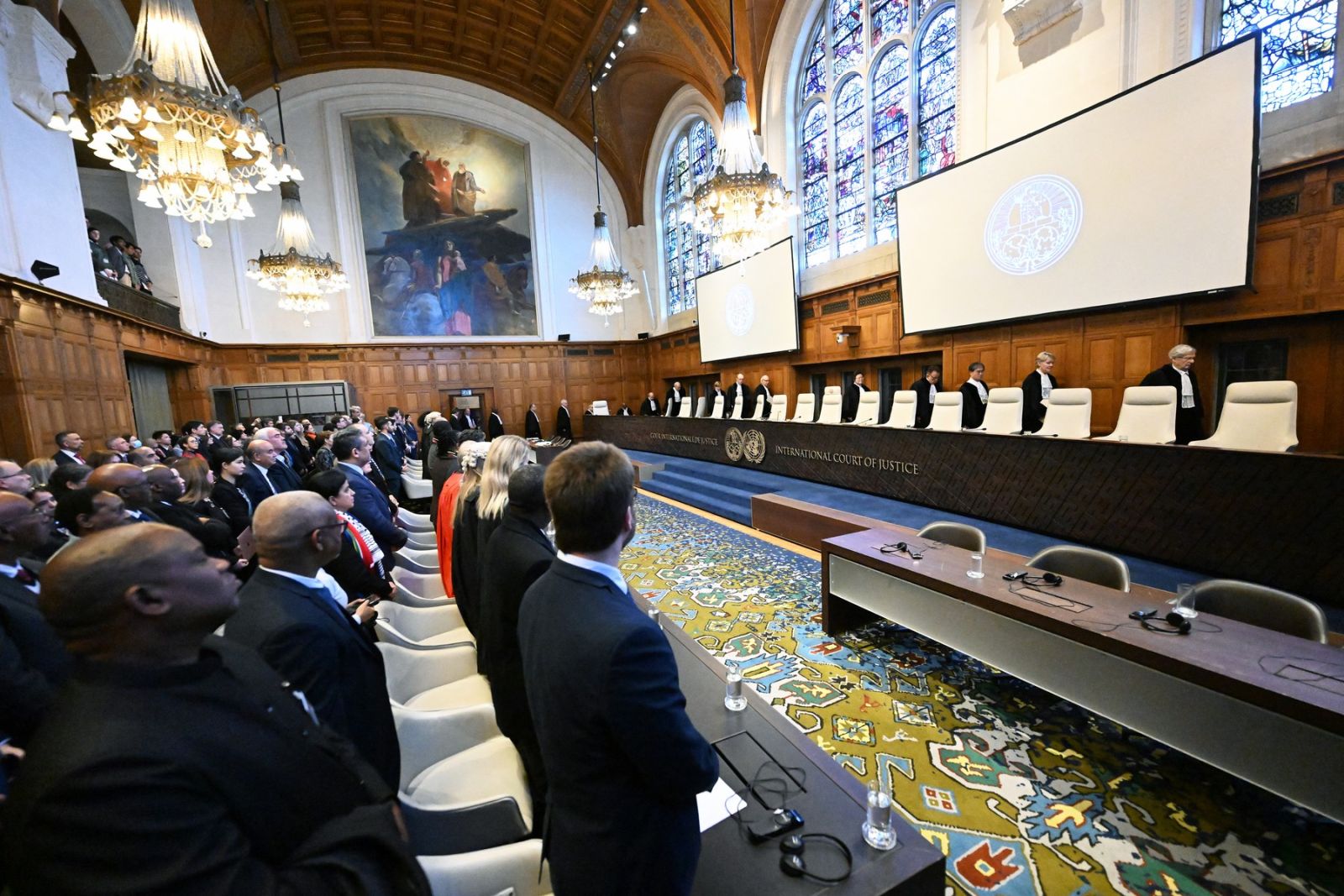 THE HAGUE, NETHERLANDS - JANUARY 26: An interior view of the courtroom of International Court of Justice (ICJ) as ICJ set to give interim ruling in Gaza genocide case against Israel made by South Africa in the Hague, the Netherlands on January 26, 2024. All eyes are on The Hague today as the International Court of Justice (ICJ) is set to rule on South Africaâ€™s request for provisional measures against Israel over its alleged genocide in Gaza. Dursun Aydemir / Anadolu,Image: 840750502, License: Rights-managed, Restrictions: , Model Release: no, Credit line: Dursun Aydemir / AFP / Profimedia