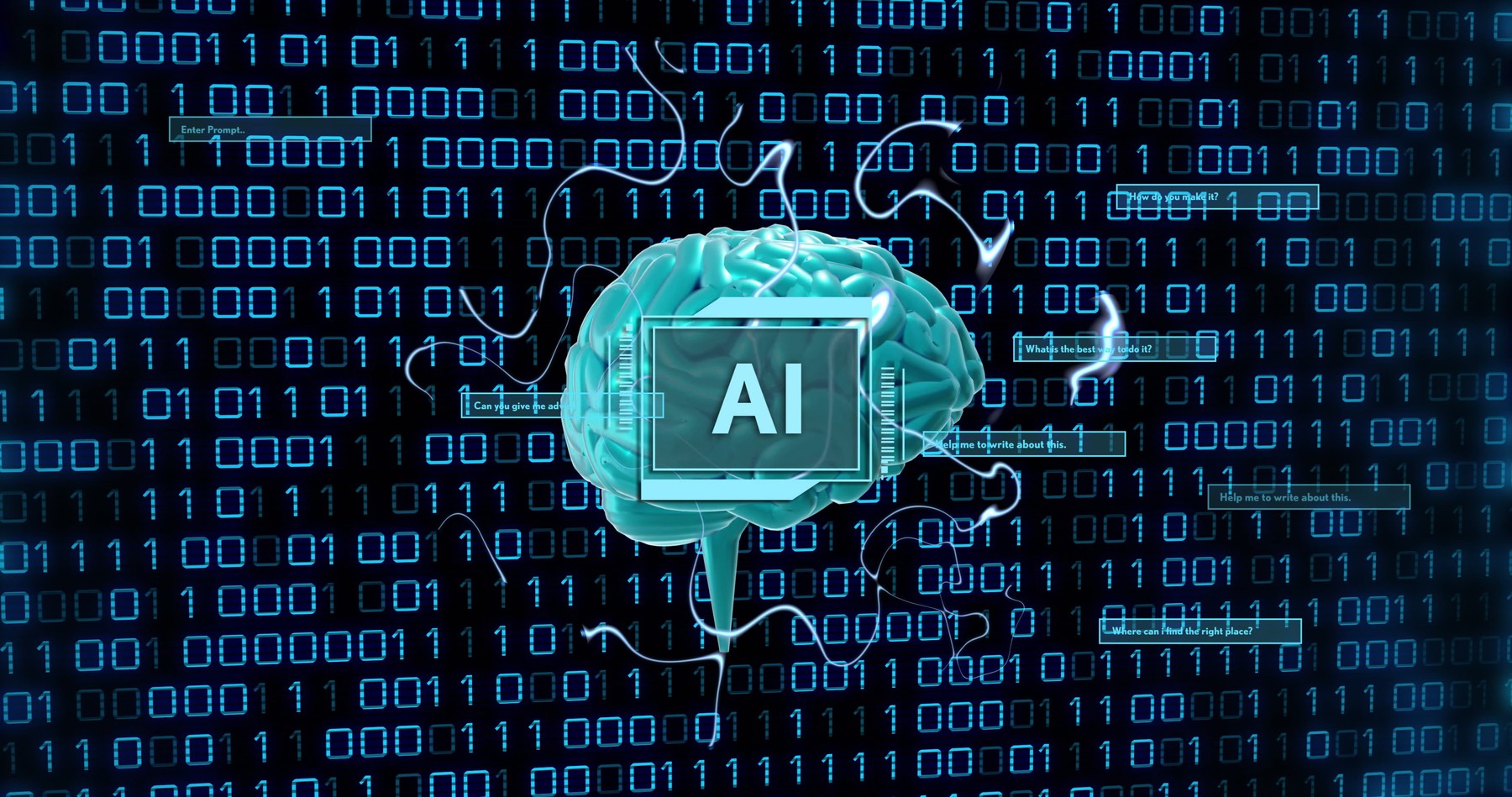 Image of ai text, human brain and binary coding data processing on black background. Global artificial intelligence, connections, computing and data processing concept digitally generated image.,Image: 851986206, License: Royalty-free, Restrictions: , Model Release: no, Credit line: - / Wavebreak / Profimedia
