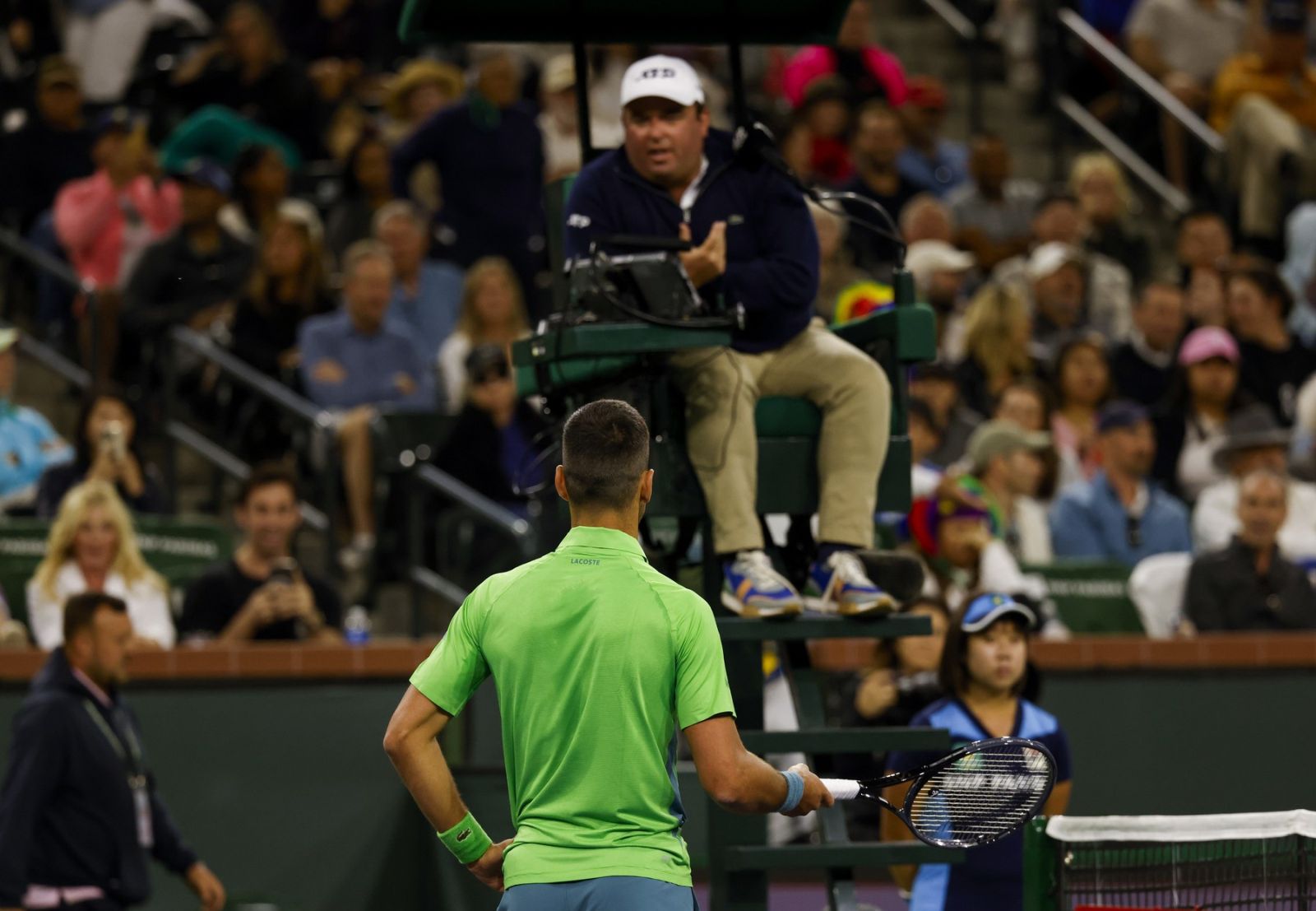 March 11, 2024 Novak Djokovic of Serbia talks to the umpire against Luca Nardi of Italy during the BNP Paribas Open in Indian Wells, CA. Charles Baus/CSM,Image: 856075038, License: Rights-managed, Restrictions: , Model Release: no, Credit line: Charles Baus / Zuma Press / Profimedia