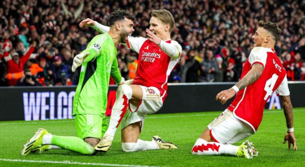 Arsenal v FC Porto Champions League 12/03/2024. Round of 16 Arsenal win 4-2 on penalties and Martin Odegaard 8 of Arsenal and Ben White 4 of Arsenal celebrate with David Raya 22 of Arsenal during the Champions League match between Arsenal and FC Porto at the Emirates Stadium, London, England on 12 March 2024. Editorial use only , Copyright: xNigelxKeenex PSI-19227-0036,Image: 856340198, License: Rights-managed, Restrictions: Credit images as "Profimedia/ IMAGO", Model Release: no, Credit line: Nigel Keene / imago sportfotodienst / Profimedia