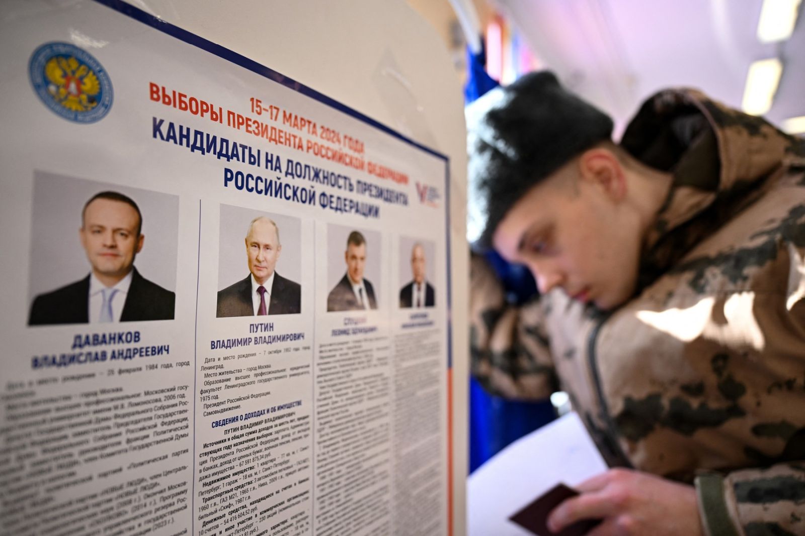 A service member votes in Russia's presidential election in Moscow on March 15, 2024.,Image: 857016830, License: Rights-managed, Restrictions: , Model Release: no, Credit line: NATALIA KOLESNIKOVA / AFP / Profimedia