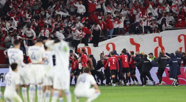 Georgia's players celebrate winning the UEFA EURO 2024 qualifying play-off final football match between Georgia and Greece in Tbilisi on March 26, 2024.,Image: 859815039, License: Rights-managed, Restrictions: , Model Release: no, Credit line: Giorgi ARJEVANIDZE / AFP / Profimedia