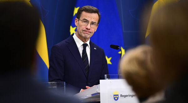 Sweden's Prime Minister Ulf Kristersson holds a press conference at the government headquarters after Hungary's parliament voted yes to ratify Sweden's NATO accession, in Stockholm, Sweden, on Monday Feb. 26, 2024. (Magnus Lejhall/TT News Agency via AP)