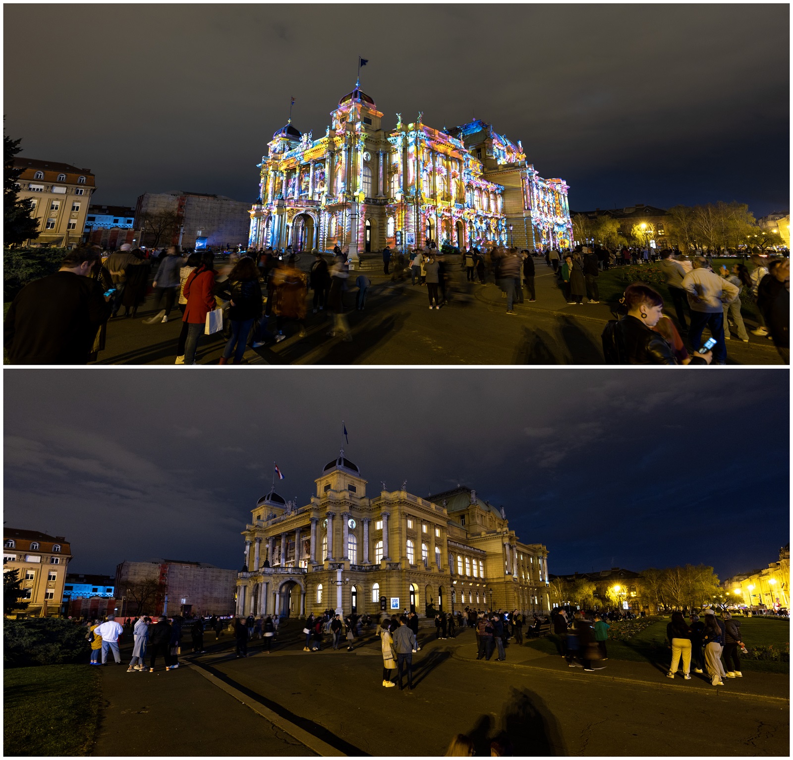 Zagreb, 23.03.2024 - Kombo fotografija prikazuje zgradu Hrvatskog narodnog kazališta osvijetljenu tijekom Festivala Svijetla 2024 (gore) i nakon što su svijetla ugašena (dolje) povodom Sata za planet Zemlju. Sat za planet Zemlju globalni je događaj koji organizira Svjetska organizacija za zaštitu prirode (WWF), a održava se posljednju subotu u ožujku svake godine, pozivajući domaćinstva i tvrtke na gašenje njihovih svjetala i ostalih električnih uređaja na jedan sat radi podizanja svijesti o potrebi poduzimanja akcije oko klimatskih promjena.
foto HINA/ Damir SENČAR/ ds