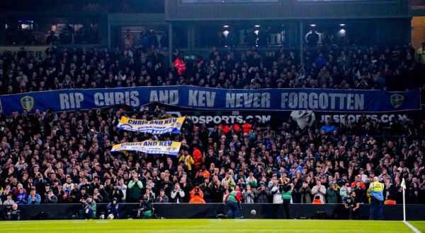 Leeds United v Hull City EFL Sky Bet Championship 01/04/2024. Leeds United fans display a banner and flags to commemorate 24 years since the passing of Leeds United fans Kevin Speight and Christopher Loftus during the EFL Sky Bet Championship match between Leeds United and Hull City at Elland Road, Leeds, England on 1 April 2024. Leeds Elland Road West Yorkshire England Editorial use only DataCo restrictions apply See www.football-dataco.com , Copyright: xMalcolmxBrycex PSI-19354-0037