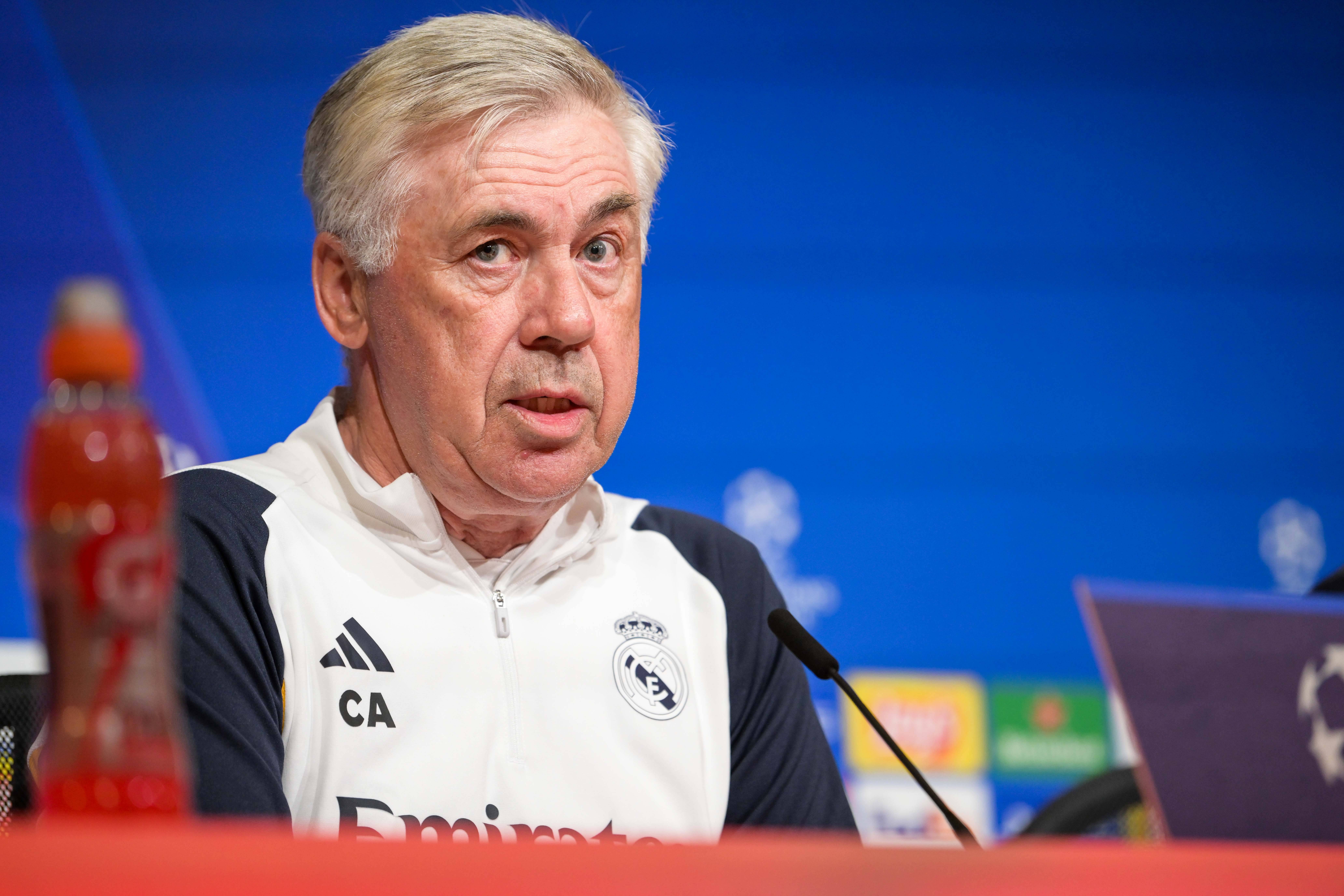 Fußball, UEFA Championsleague, 20240429, Pressekonferenz FC Bayern München - Real Madrid. Im Bild Trainer von Real Madrid Carlo ANCELOTTI spricht. München Allianz Arena Bayern Deutschland *** Soccer, UEFA Champions League, 20240429, Press conference FC Bayern Munich Real Madrid In the picture Coach of Real Madrid Carlo ANCELOTTI speaks Munich Allianz Arena Bayern Germany Copyright: Passion2Press/MarkusxFischerx