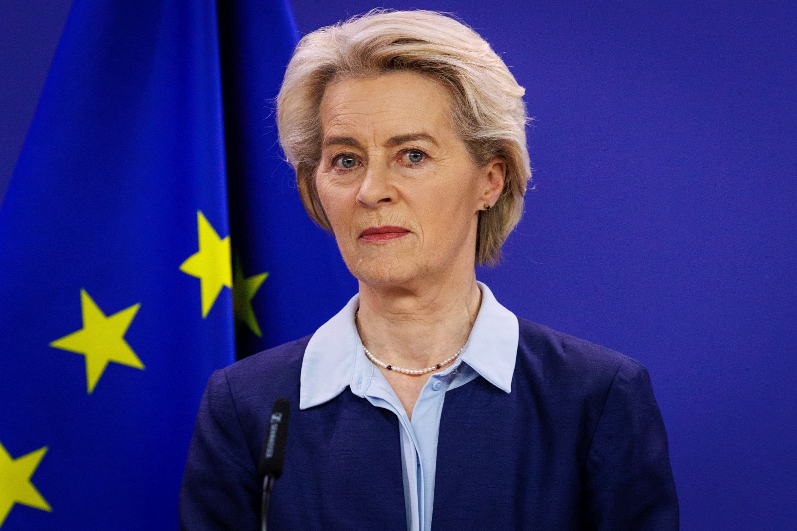 epa11231310 European Commission President Ursula von der Leyen speaks to the press as she receives Ukrainian Prime Minister Denys Shmyhal (not pictured) at the European Commission headquarters in Brussels, Belgium, 20 March 2024.  EPA/OLIVIER MATTHYS