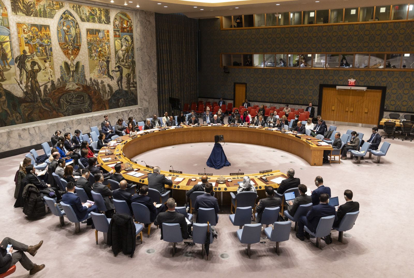 epa11256042 General view during a United Nations Security Council meeting called by Russia in response to an airstrike on Iran's consulate in Syria, at the UN headquarters in New York, New York, USA, 02 April 2024. Iran and Syria have blamed Israel for the attack on 01 April and have threatened to retaliate.  EPA/JUSTIN LANE
