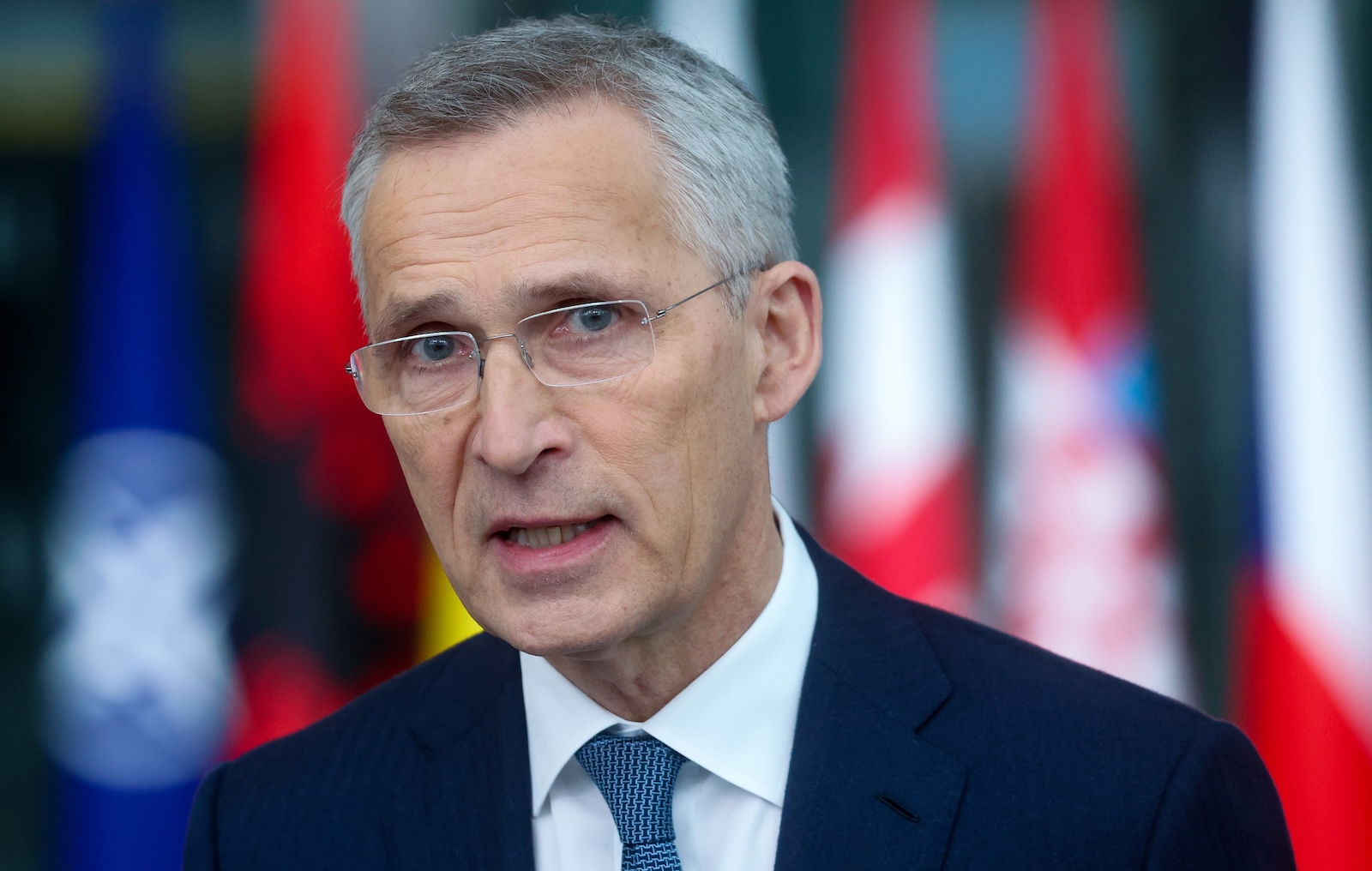 epa11256608 NATO Secretary General Jens Stoltenberg speaks to the media during a North Atlantic Treaty Organization (NATO) Foreign Affairs Ministers meeting in Brussels, Belgium, 03 April 2024. Allied Foreign Affairs Ministers attend a meeting of NATO Ministers of Foreign Affairs at NATO Headquarters in Brussels on 03-04 April as NATO celebrates its 75th anniversary. On 04 April 1949, the 12 founding countries signed the North Atlantic Treaty, called the Washington Treaty. It committed each member to share the risk, responsibilities, and benefits of collective defense.  EPA/OLIVIER HOSLET