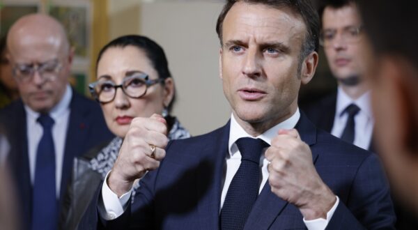 epa11260217 French President Emmanuel Macron (2-R), accompanied by France's Deputy Minister for the Elderly and Disabled, Fadila Khattabi (2-L), and Paris Academy rector Bernard Beignier (L) speaks to the media during a visit to the Blanche application primary school and Academic Autism Training Laboratory (LAB9A) in Paris, France, 05 April 2024. Three days after the World Autism Awareness Day, Macron visits LAB9A, a teacher training center for autistic children recently set up by the Paris education authority, also meeting pupils and teachers at Blanche primary school, which has had an autism teaching unit (UEEA) since the start of the 2023 academic year.  EPA/LUDOVIC MARIN / POOL  MAXPPP OUT