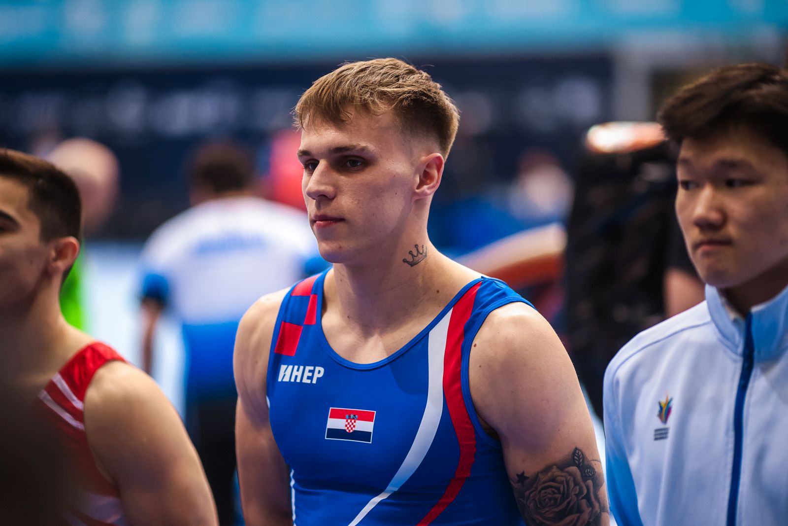 Osijek, 5.4.2024.- Drugi kvalifikacijski dan Svjetskog gimnastièkog kupa u dvorani Gradski vrt u Osijeku. Na slici Aurel Benoviæ. 
foto HINA/ Reroot/ Marko Baniæ/ ua