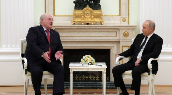 epa11273620 Russian President Vladimir Putin (R) speaks with Belarusian President Alexander Lukashenko during their meeting at the Kremlin in Moscow, Russia, 11 April 2024.  EPA/GAVRIIL GRIGOROV/SPUTNIK/KREMLIN POOL MANDATORY CREDIT