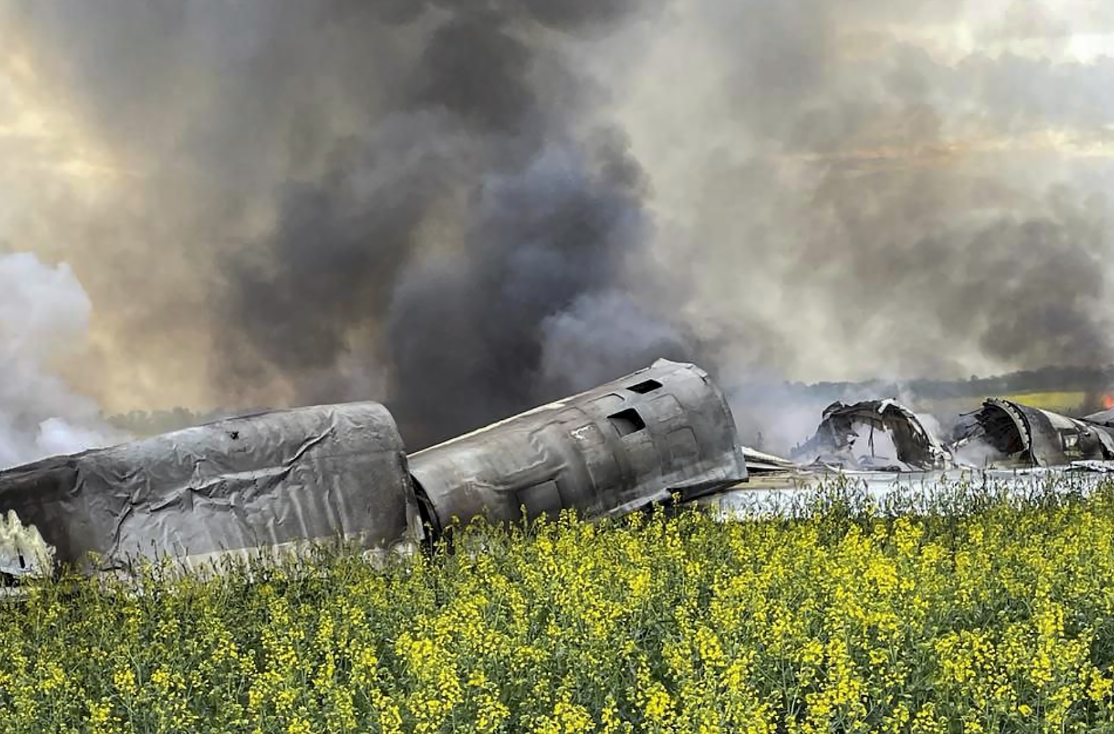epa11288714 A handout picture made available by Stavropol regionâ€™s Governor Vladimir Vladimirov on Telegram shows debris of a Russian Tu-22M3 bomber that crashed in the Krasnogvardeysky District, Stavropol region, Russia, 19 April 2024. The Russian Ministry of Defense reported that a Tu-22M3 long-range bomber crashed in the Stavropol region and that the pilots managed to eject. Two crew members were found alive. There was no ammunition on board. The plane crashed in a deserted area. According to preliminary data, the cause of the accident was a technical malfunction.  EPA/STAVROPOL GOVERNOR HANDOUT HANDOUT HANDOUT EDITORIAL USE ONLY/NO SALES HANDOUT EDITORIAL USE ONLY/NO SALES HANDOUT EDITORIAL USE ONLY/NO SALES