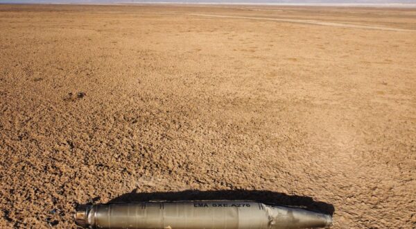epa11292114 An aerial view taken with a drone shows part of a ballistic missile that fell near the Dead Sea, in eastern Israel, 21 April 2024. The Israeli military said that Israel's defense systems and the country's allies in the region, including the United States, intercepted 99 percent of more than 300 missiles and drones launched from Iran against Israel last weekend. Iran launched an attack against Israel late on 13 April after blaming Israel for an airstrike on its consulate building in Syria's capital Damascus on 01 April, in which seven Islamic Revolutionary Guard Corps (IRGC) members were killed.  EPA/ABIR SULTAN