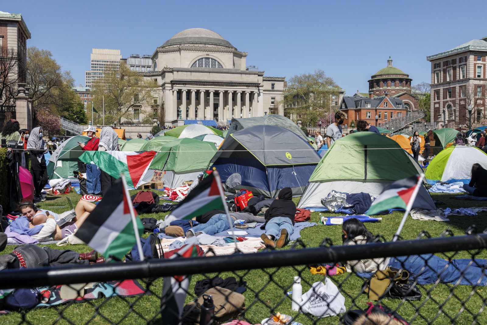 epa11294700 Pro-Palestinian students continue to camp on Columbia University's campus to protest the university's ties with Israel, which escalated last week when the university's president Nemat Shafik testified to congress, in New York, New York, USA, 22 April 2024. Other students across the country have followed suit in solidarity. More than 34,000 Palestinians and over 1,450 Israelis have been killed, according to the Palestinian Health Ministry and the Israel Defense Forces (IDF), since Hamas militants launched an attack against Israel from the Gaza Strip on 07 October 2023, and the Israeli operations in Gaza and the West Bank which followed it.  EPA/SARAH YENESEL
