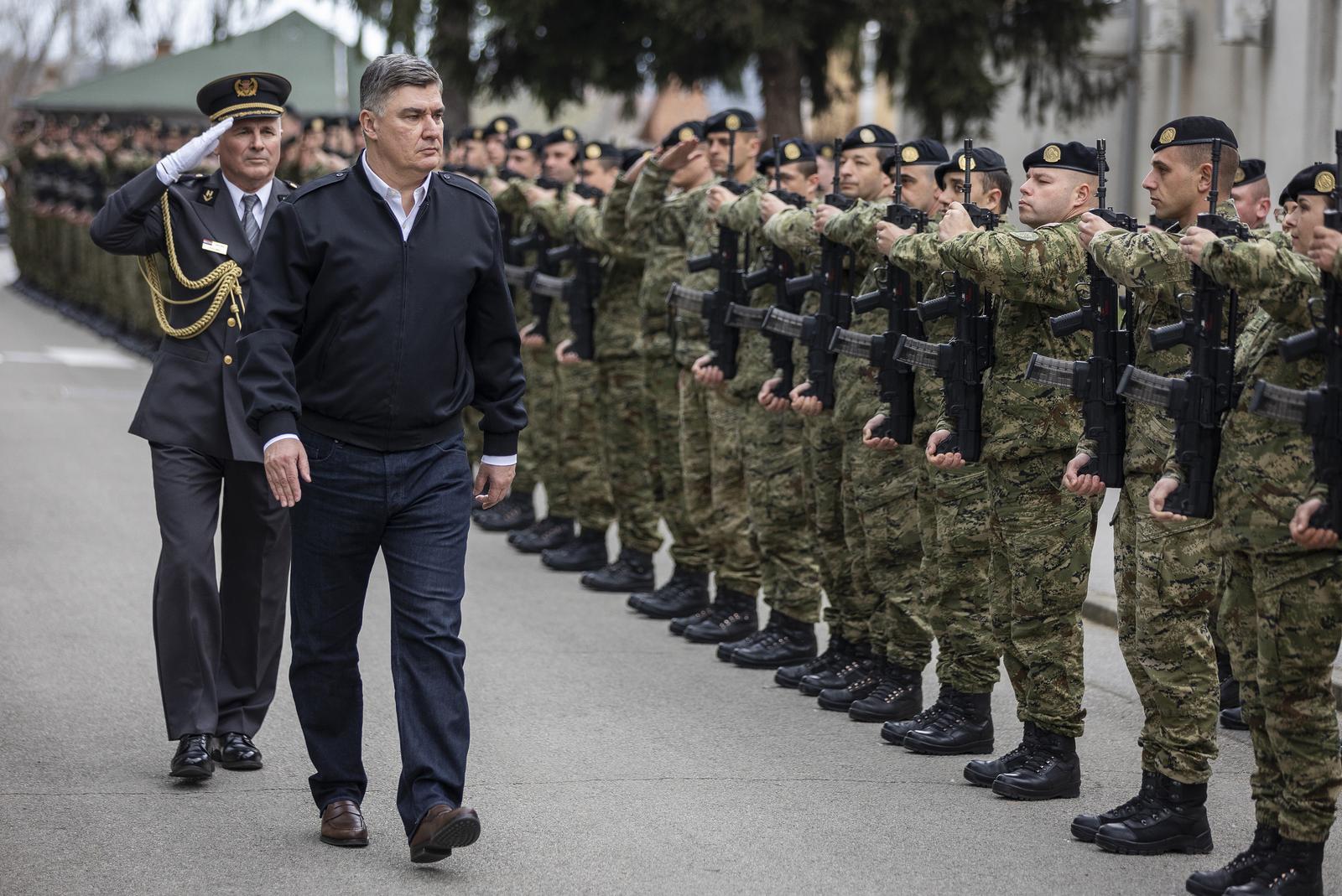 08.03.2024., Pozega, Vojarna „123. brigade HV“, Ulica hrvatskih branitelja - Predsjednik Republike i vrhovni zapovjednik Oruzanih snaga Republike Hrvatske sudjelovao je na svecanoj prisezi 41. narastaja rocnih vojnika na dragovoljnom vojnom osposobljavanju.  Photo: Davor Javorovic/PIXSELL